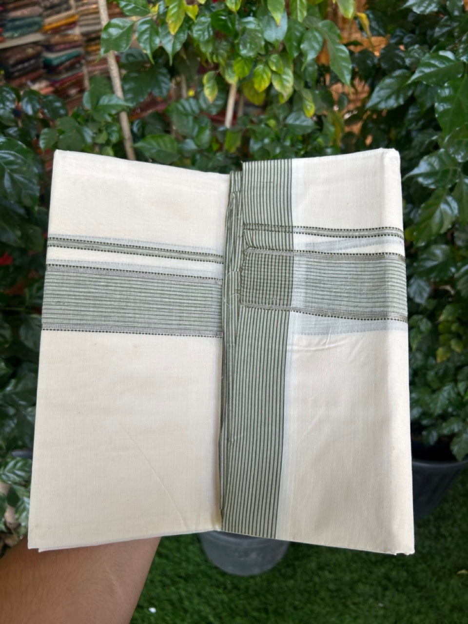 20% Discount ! KaithariKada Balaramapuram 100% Cotton Off White (Unbleached) Double Mundu/Dhoti - 80s - 1.75 inch Silver Kasav & Olive Green Shaded Stripes kara 4 mtr (8.5 muzham) - 19 KK5302 MUT