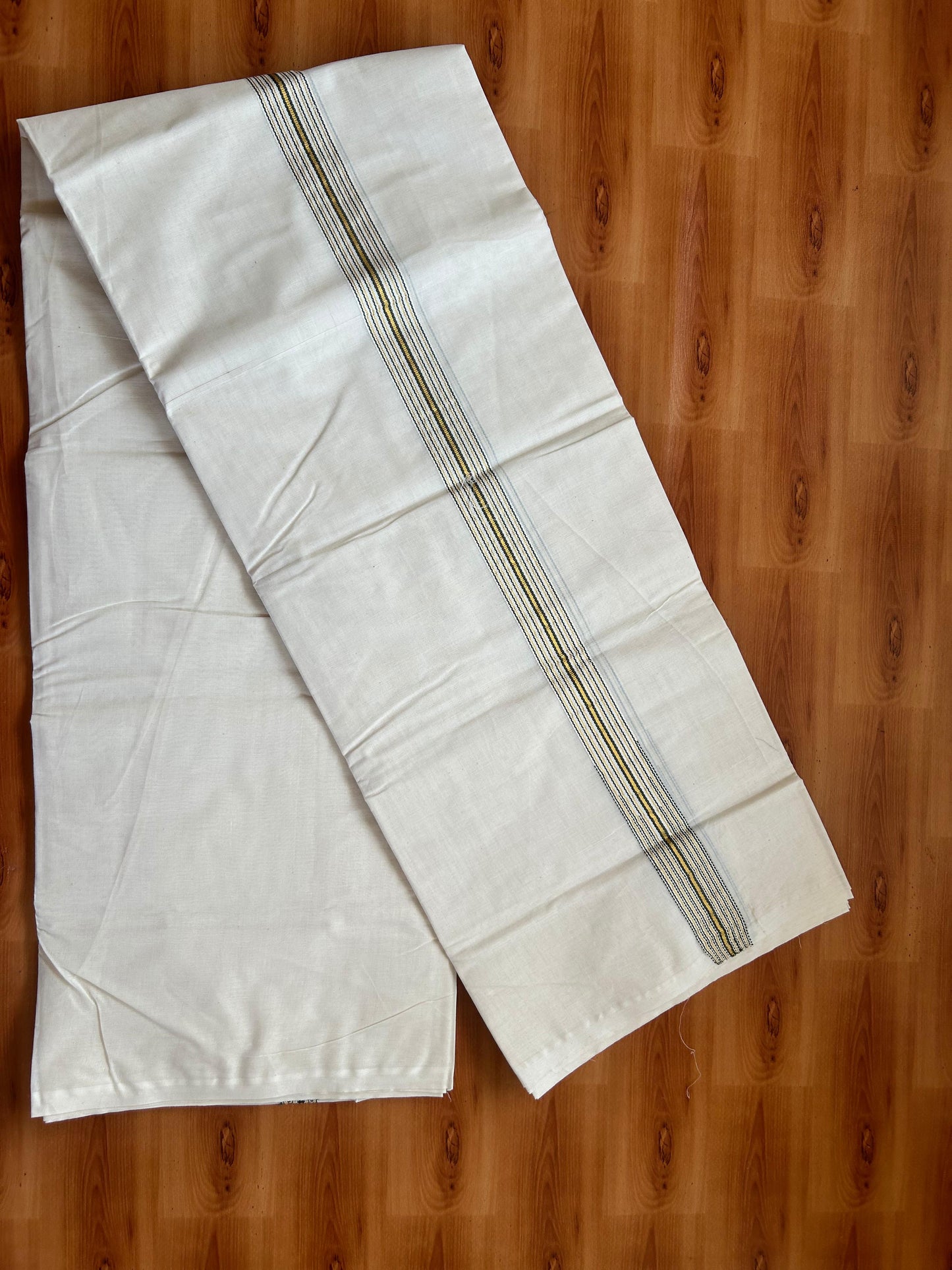 Double Off white Mundu/Dhoti - 20% Discount! KaithariKada - 100% Cotton  100x100 - 1 inch Puliyilakkara Gold Kasav & Sage Green 12 Line Chutty Kara - 4 mtr (8.5 muzham) -  12 KK5477 ASH