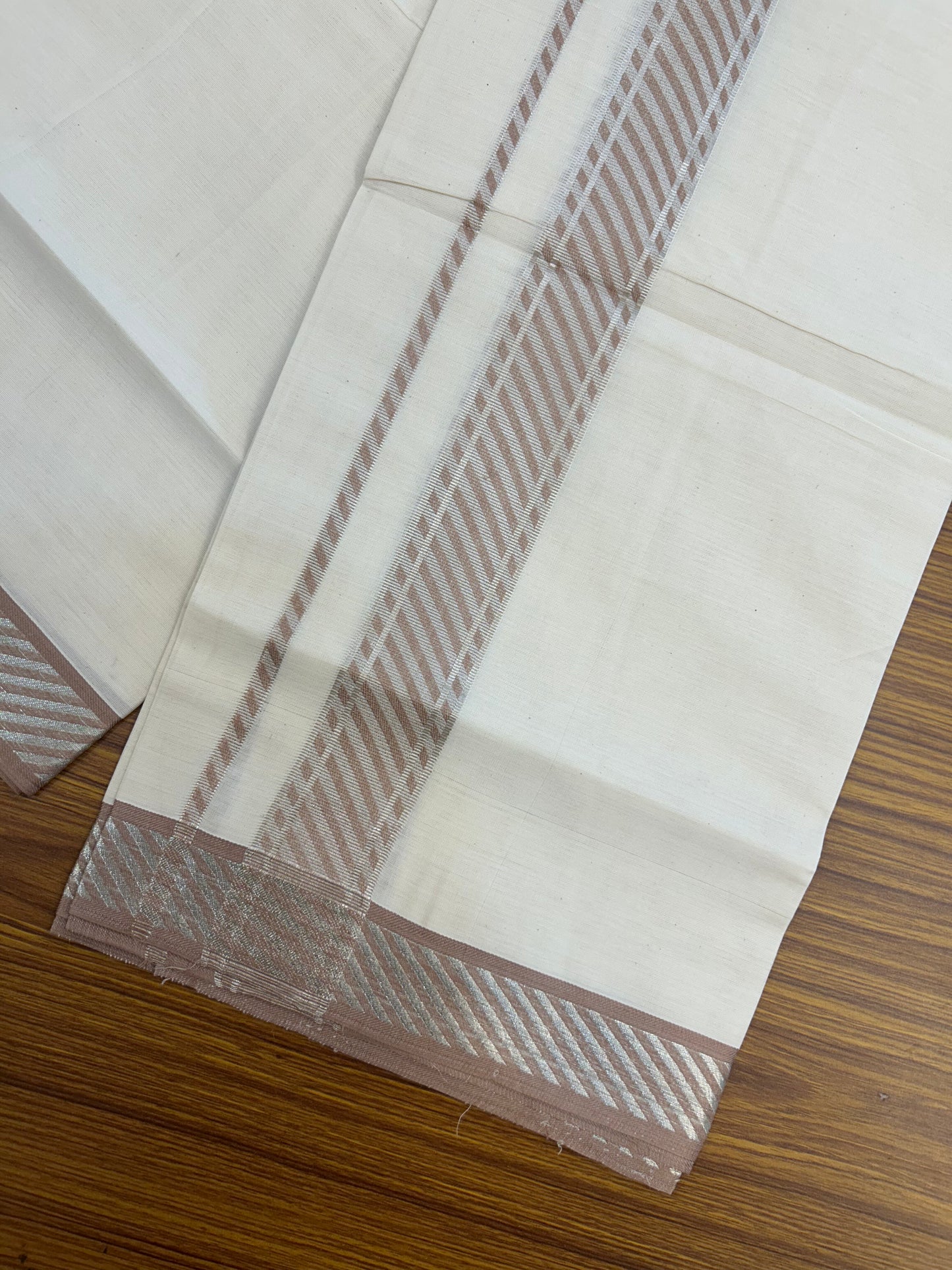 20% Discount ! KaithariKada Balaramapuram 100% Pure Cotton Single Off White Mundu/Dhoti - 30X70 - 1.5 inch Silver Kasav & Rosy Brown Jacquard Design kara 2 mtr (4 Muzham) - 6 KK5327 CJT