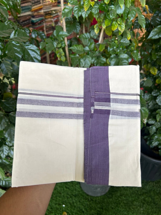 20% Discount ! KaithariKada Balaramapuram 100% Cotton Off White (Unbleached) Double Mundu/Dhoti - 80s - 1.5 inch Silver Kasav & Deep Purple Striped kara 4 mtr (8.5 muzham) - 31 KK5302 MUT