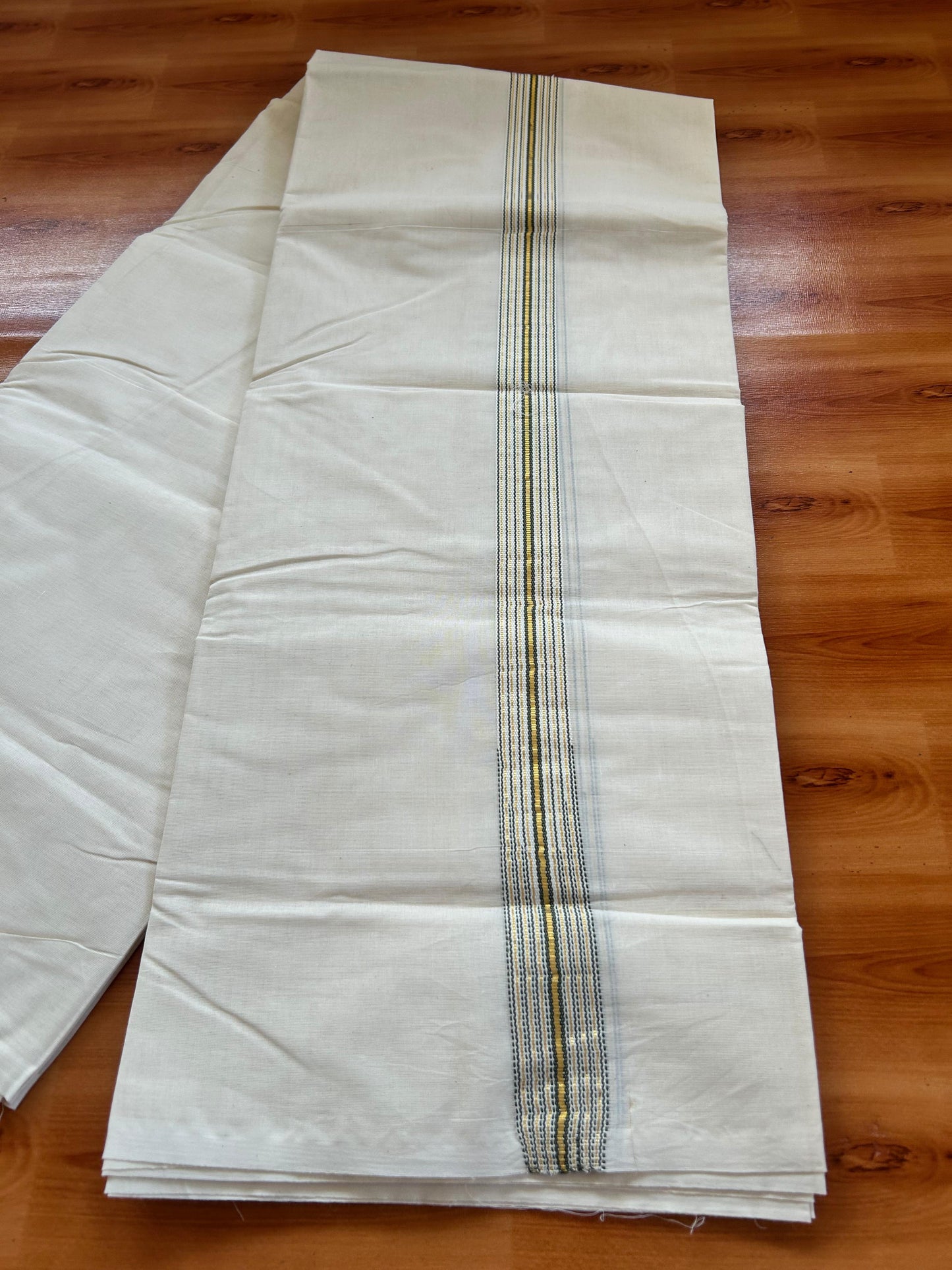 Double Off white Mundu/Dhoti - 20% Discount! KaithariKada - 100% Cotton  100x100 - 1 inch Puliyilakkara Gold Kasav & Sage Green 12 Line Chutty Kara - 4 mtr (8.5 muzham) -  12 KK5477 ASH