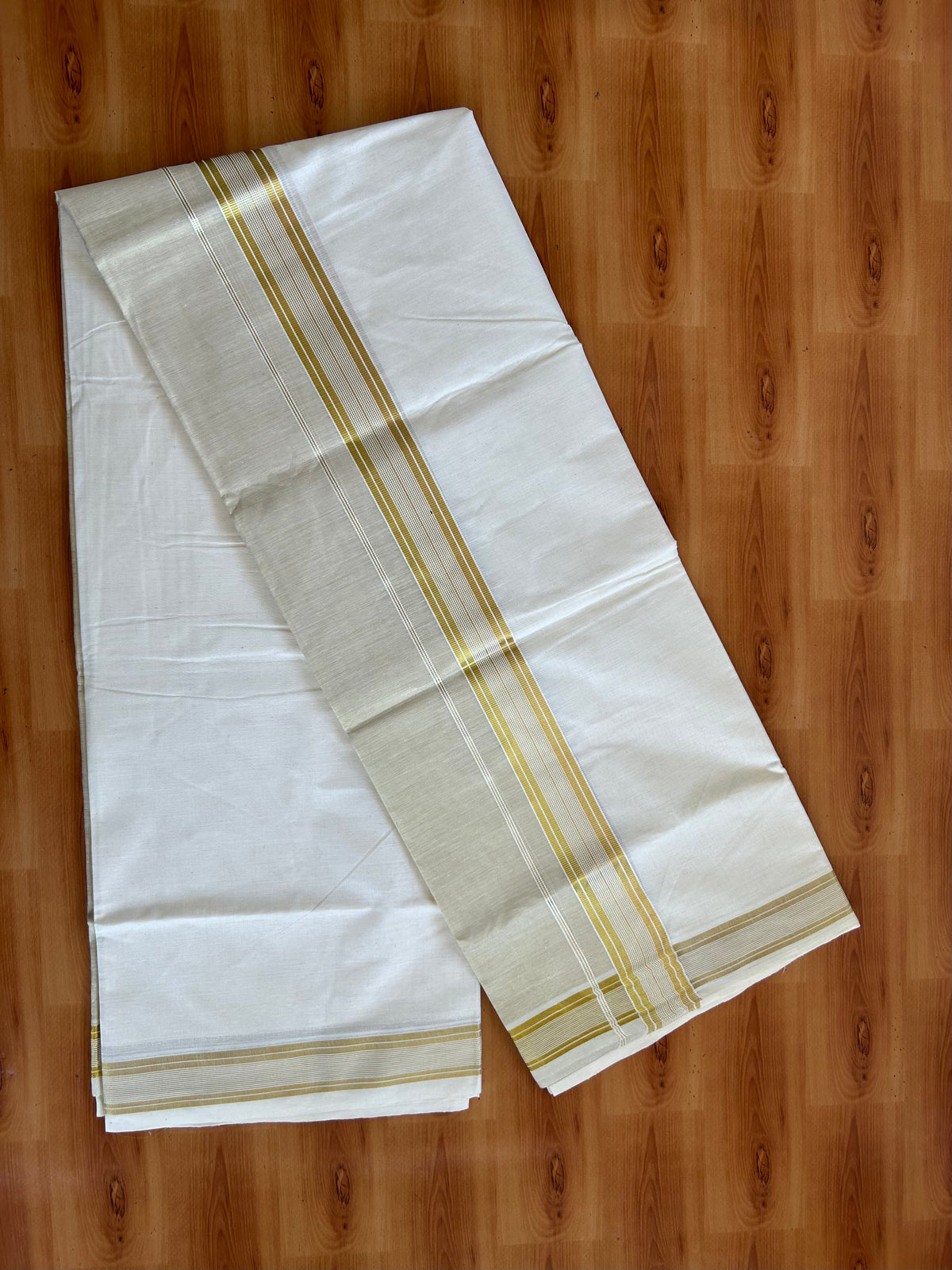 Double Off White Dhoti/Mund - 20% Discount! Kaitharikada Pulimood - Pure Cotton (60s) - 7.25 Inch Gold Kasav Tissue Striped Kara 4 mtr (8.5 muzham) - 11 KK5543 GAN