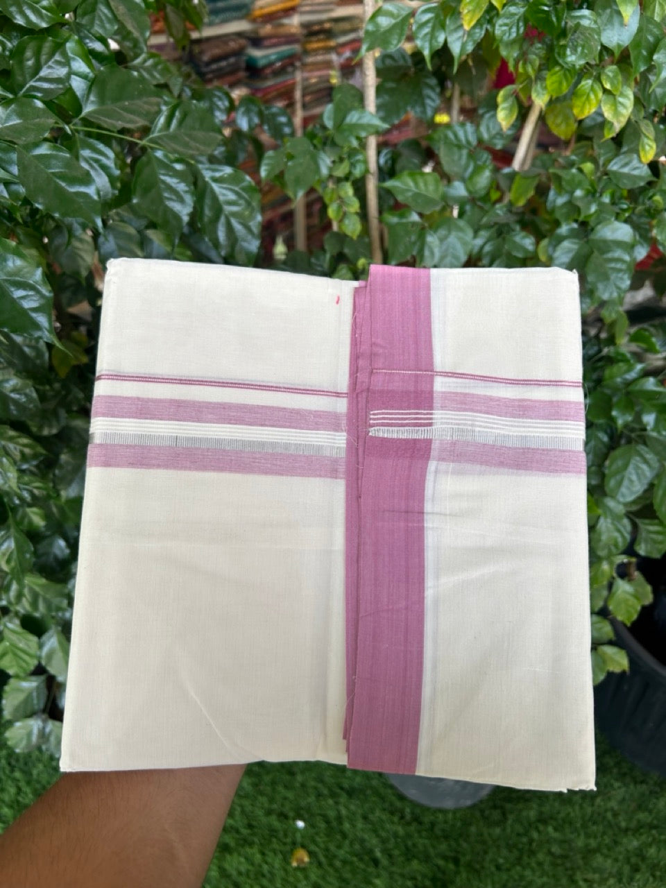20% Discount ! KaithariKada Balaramapuram 100% Cotton Off White (Unbleached) Double Mundu/Dhoti - 80s - 1.5 inch Silver Kasav & Dusty Pink Striped kara 4 mtr (8.5 muzham) - 30 KK5302 MUT