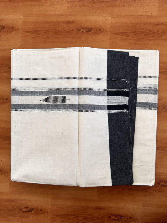Double Off White  Mundu/Dhoti- 20% Discount! KaithariKada Balaramapuram Pure Cotton - 100x80 - 1.5 inch Silver Kasav & Black Shaded Design Striped Kara - 4mtr (8.5muzham) - 17 KK5428 VAS