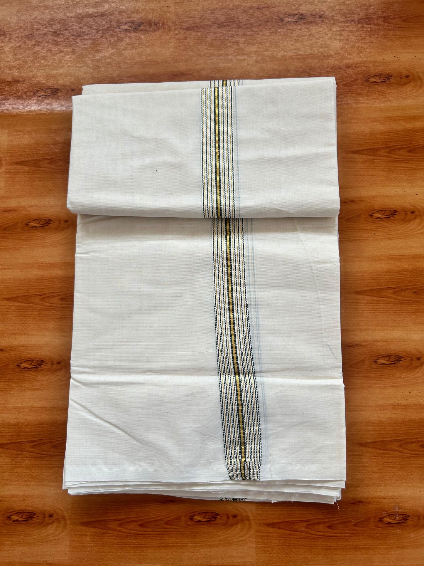 Double Off white Mundu/Dhoti - 20% Discount! KaithariKada - 100% Cotton  100x100 - 1 inch Puliyilakkara Gold Kasav & Sage Green 12 Line Chutty Kara - 4 mtr (8.5 muzham) -  12 KK5477 ASH