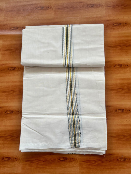 Double Off white Mundu/Dhoti - 20% Discount! KaithariKada - 100% Cotton  100x100 - 1 inch Puliyilakkara Gold Kasav & Sage Green 12 Line Chutty Kara - 4 mtr (8.5 muzham) -  12 KK5477 ASH