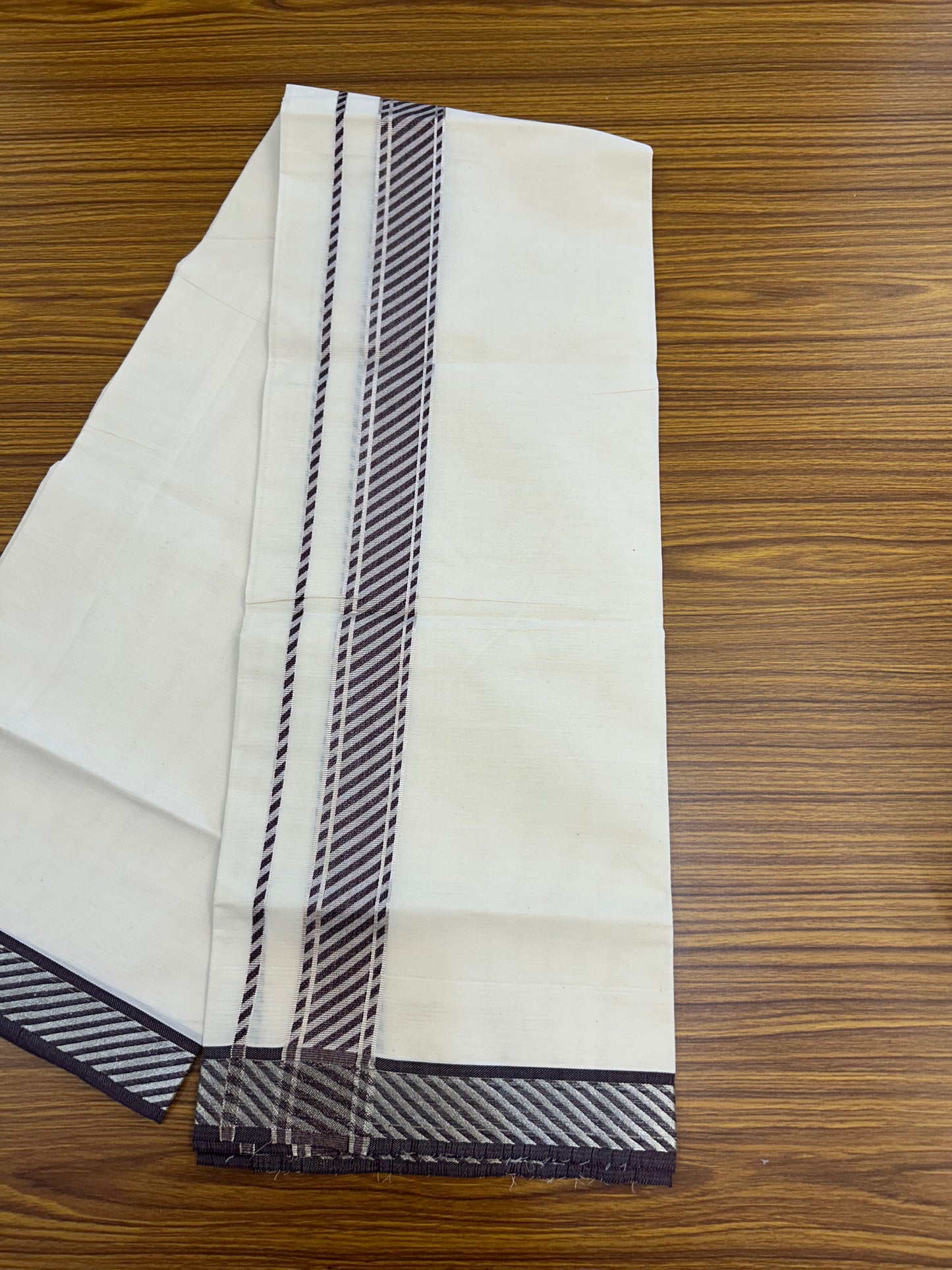 20% Discount ! KaithariKada Balaramapuram 100% Pure Cotton Single Off White Mundu/Dhoti - 30X70 - 1.5 inch Silver Kasav & Wine Purple Jacquard Design kara 2 mtr (4 Muzham) - 5 KK5327 CJT