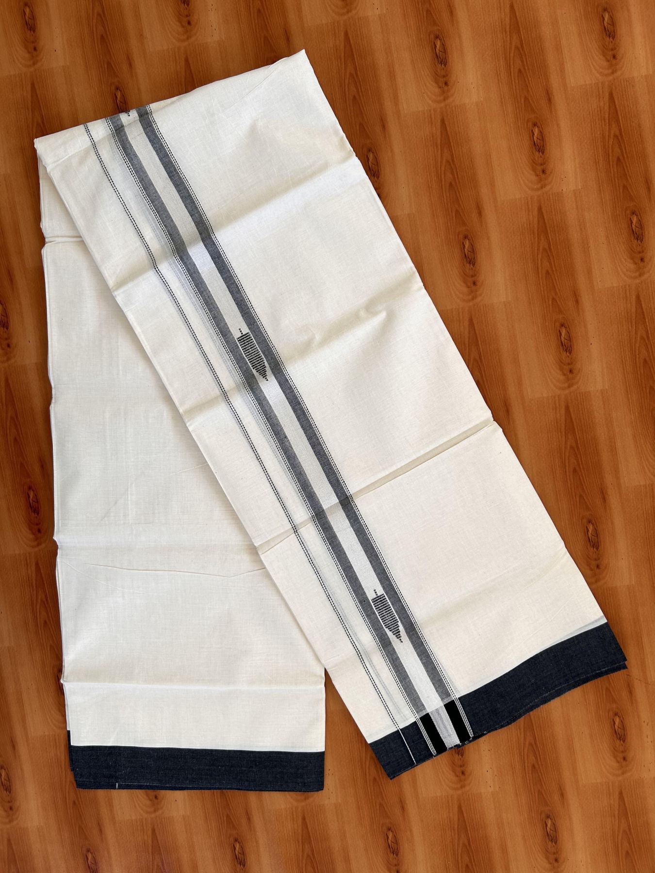 Double Off White  Mundu/Dhoti- 20% Discount! KaithariKada Balaramapuram Pure Cotton - 100x80 - 1.5 inch Silver Kasav & Black Shaded Design Striped Kara - 4mtr (8.5muzham) - 17 KK5428 VAS