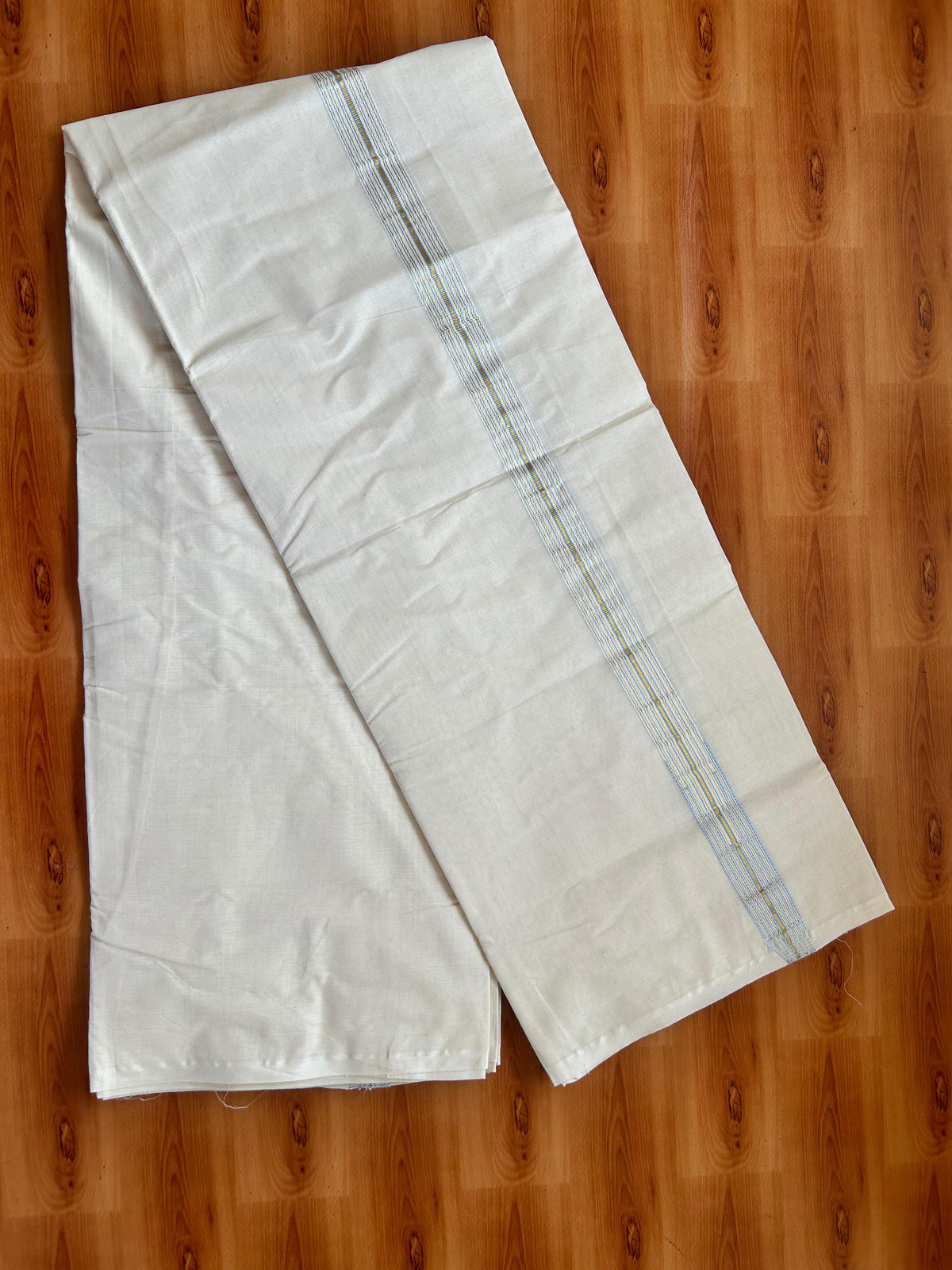 Double Off white Mundu/Dhoti - 20% Discount! KaithariKada - 100% Cotton  100x100 - 1 inch Puliyilakkara Gold Kasav & Light Blue 12 Line Chutty Kara - 4 mtr (8.5 muzham) -  13 KK5477 ASH