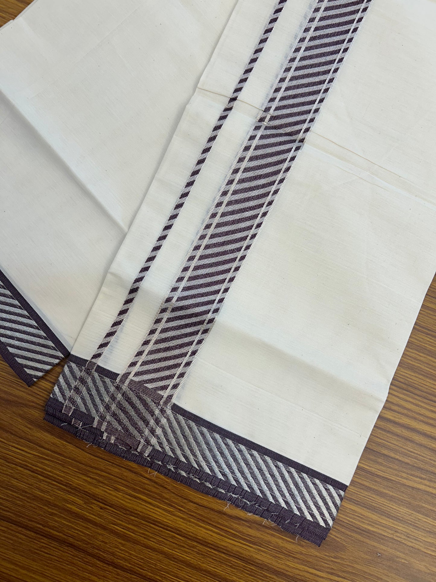 20% Discount ! KaithariKada Balaramapuram 100% Pure Cotton Single Off White Mundu/Dhoti - 30X70 - 1.5 inch Silver Kasav & Wine Purple Jacquard Design kara 2 mtr (4 Muzham) - 5 KK5327 CJT