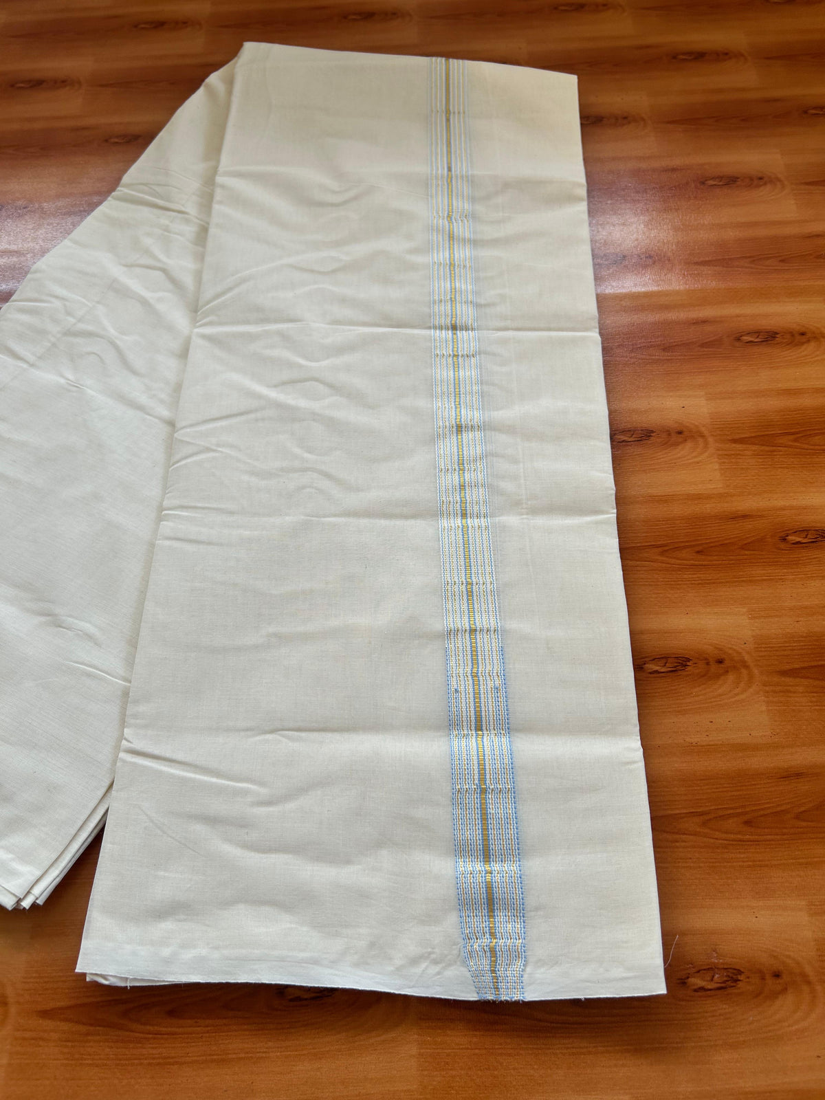 Double Off white Mundu/Dhoti - 20% Discount! KaithariKada - 100% Cotton  100x100 - 1 inch Puliyilakkara Gold Kasav & Light Blue 12 Line Chutty Kara - 4 mtr (8.5 muzham) -  13 KK5477 ASH