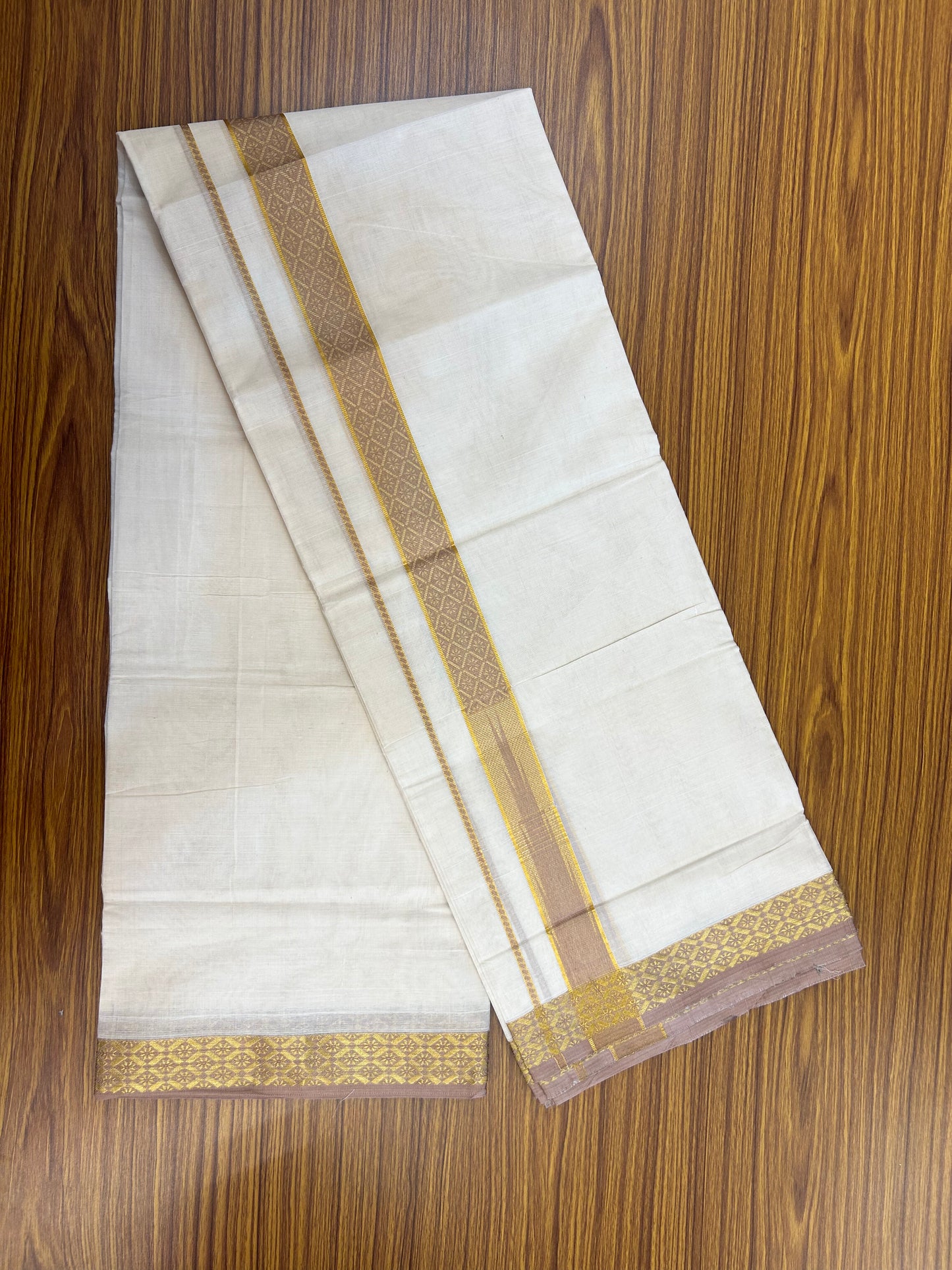 20% Discount ! KaithariKada Balaramapuram 100% Pure Cotton Double Off White (Unbleached) Mundu/Dhoti - 100x80 - 1.25 inch Puliyilakkara Gold Kasav & Peach Brown Jacquard Design Chutty kara (8.5 Muzham) - 16 KK5327 CJT