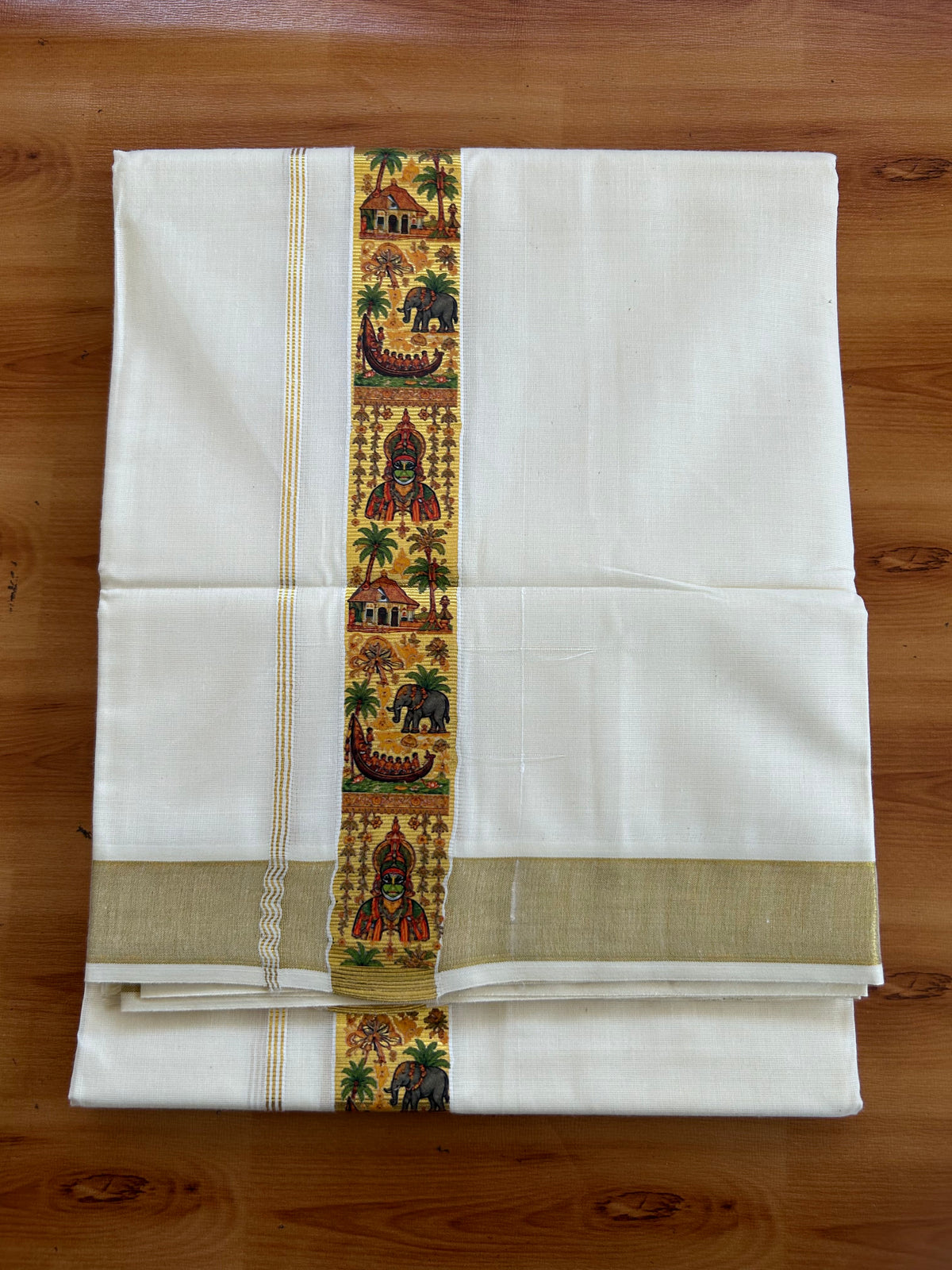 Double Off White - (Unbleached) Mundu/Dhoti- 20% Discount!! KaithariKada Balaramapuram 100% Cotton 60s - 1.5 inch Gold Kasav with Multi Printed Design Kara - 14 KK5543 GAN