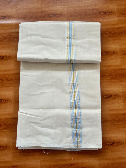 Double Off white Mundu/Dhoti - 20% Discount! KaithariKada - 100% Cotton  100x100 - 1 inch Puliyilakkara Gold Kasav & Light Blue 12 Line Chutty Kara - 4 mtr (8.5 muzham) -  13 KK5477 ASH