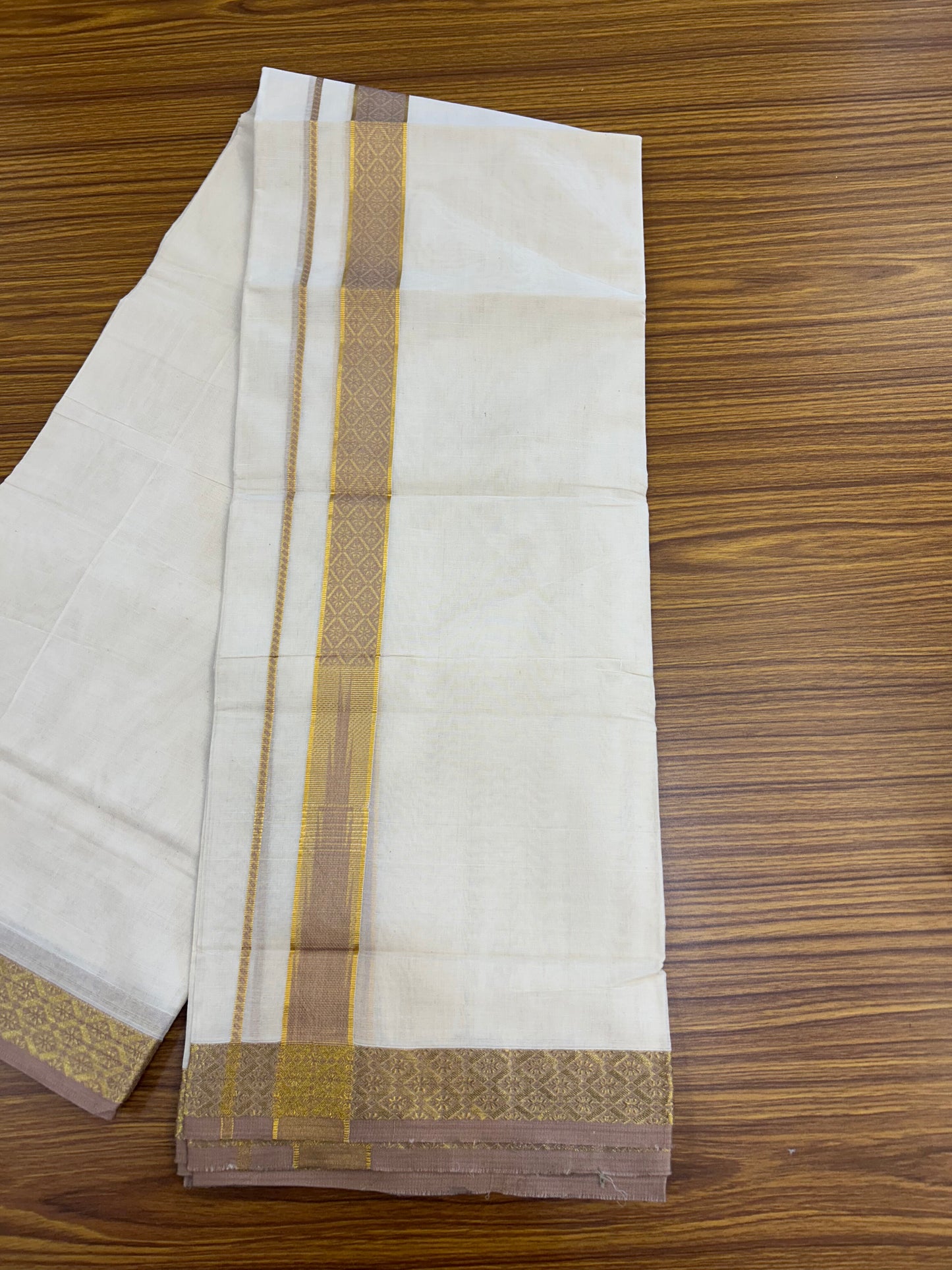 20% Discount ! KaithariKada Balaramapuram 100% Pure Cotton Double Off White (Unbleached) Mundu/Dhoti - 100x80 - 1.25 inch Puliyilakkara Gold Kasav & Peach Brown Jacquard Design Chutty kara (8.5 Muzham) - 16 KK5327 CJT