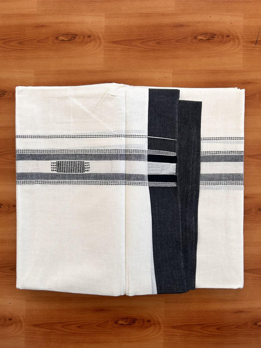 Double Off White  Mundu/Dhoti- 20% Discount! KaithariKada Balaramapuram Pure Cotton - 100x80 - 1.5 inch Silver Kasav & Black Shaded Design Striped Kara - 4mtr (8.5muzham) - 16 KK5428 VAS