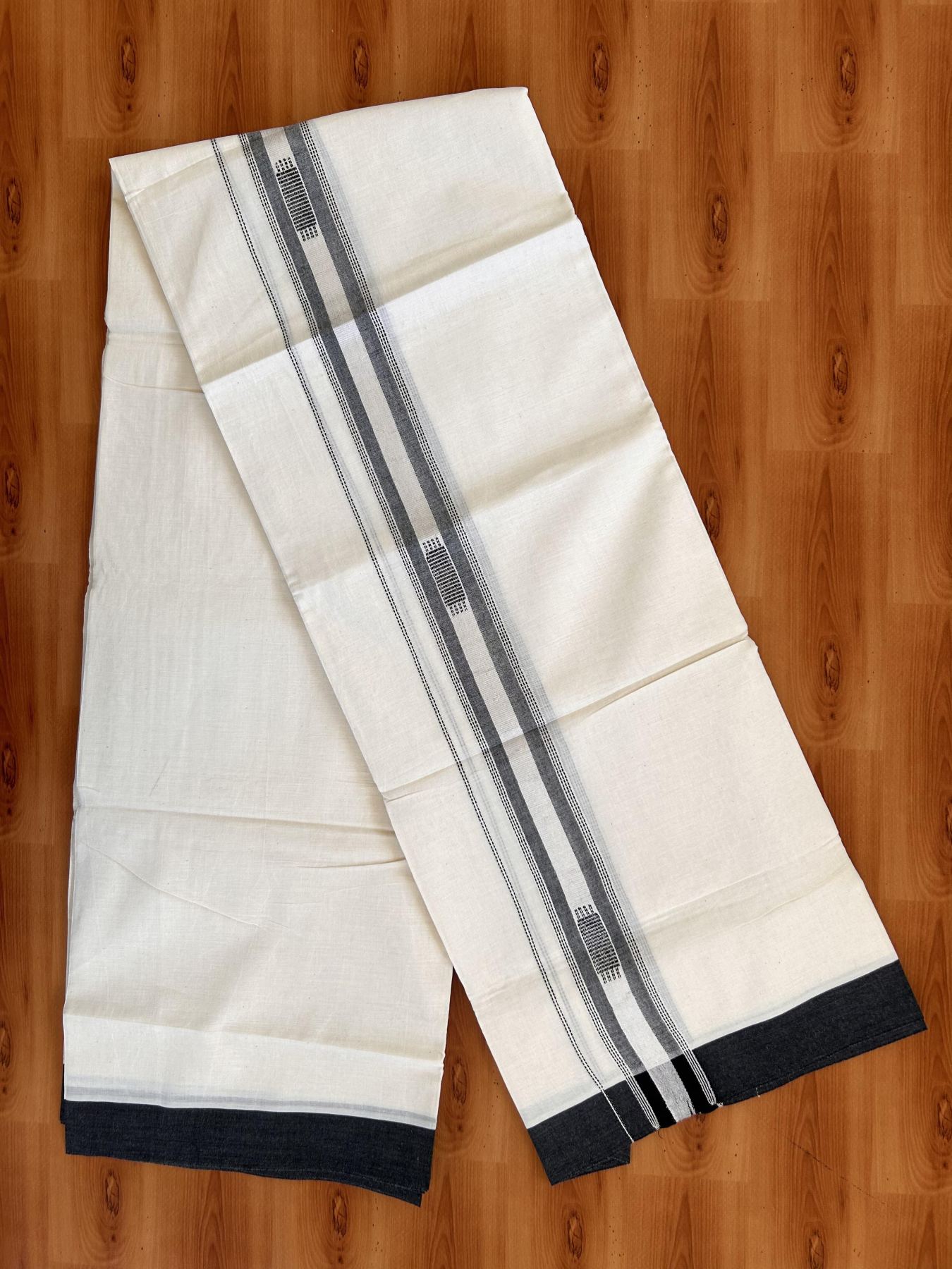 Double Off White  Mundu/Dhoti- 20% Discount! KaithariKada Balaramapuram Pure Cotton - 100x80 - 1.5 inch Silver Kasav & Black Shaded Design Striped Kara - 4mtr (8.5muzham) - 16 KK5428 VAS