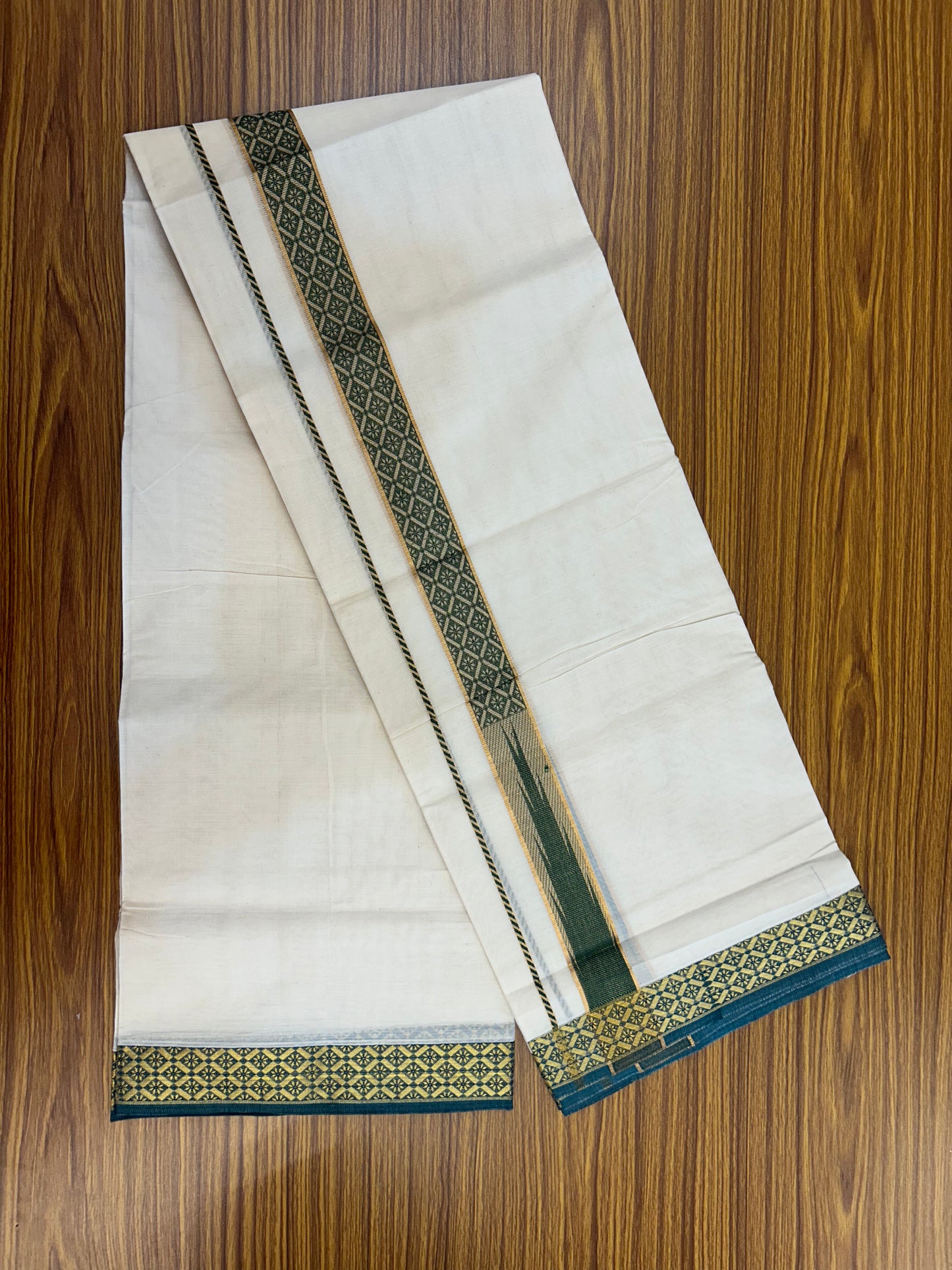 20% Discount ! KaithariKada Balaramapuram 100% Pure Cotton Double Off White (Unbleached) Mundu/Dhoti - 100x80 - 1.25 inch Puliyilakkara Gold Kasav & Green Jacquard Design Chutty kara (8.5 Muzham) - 12 KK5327 CJT