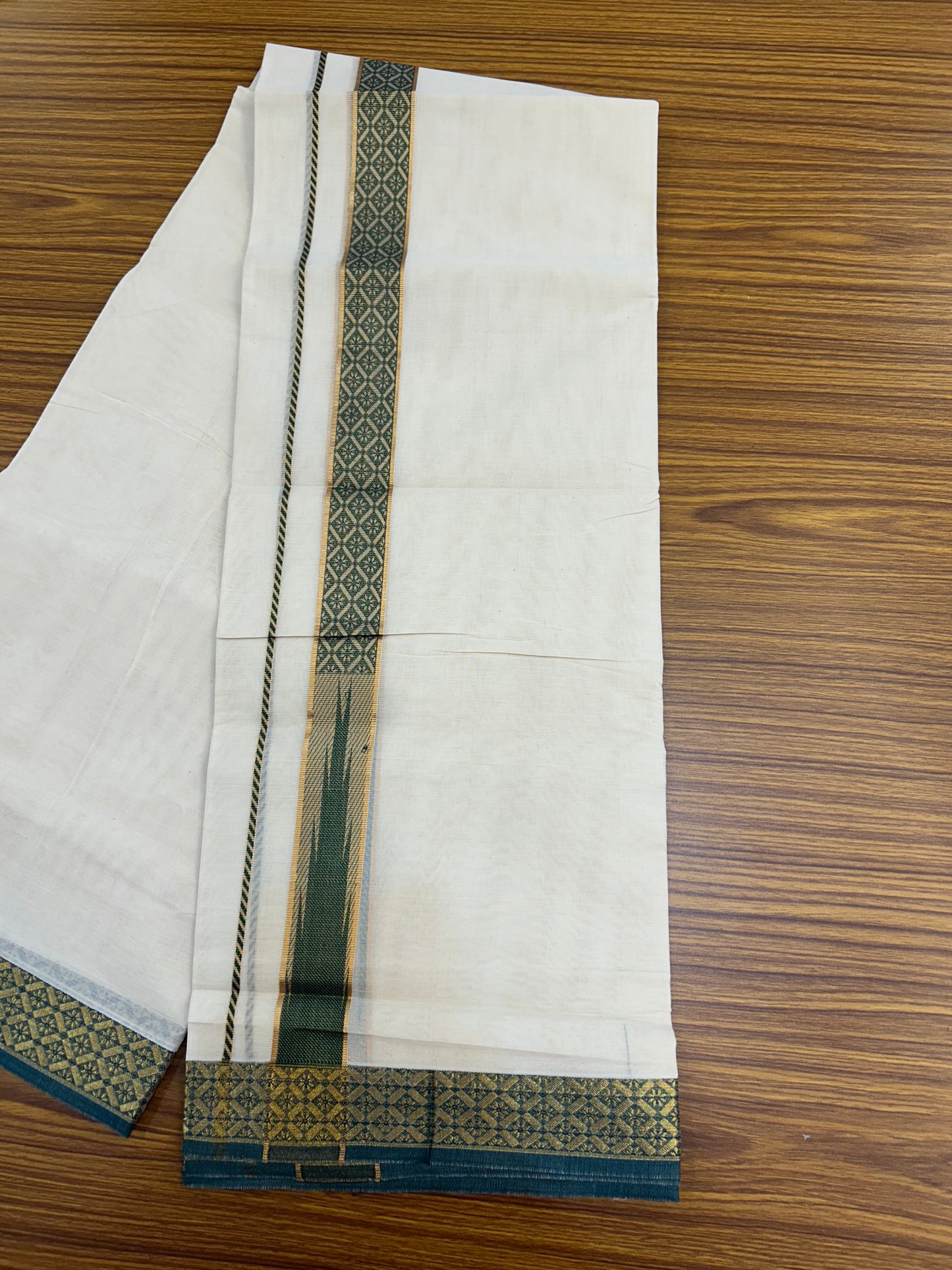 20% Discount ! KaithariKada Balaramapuram 100% Pure Cotton Double Off White (Unbleached) Mundu/Dhoti - 100x80 - 1.25 inch Puliyilakkara Gold Kasav & Green Jacquard Design Chutty kara (8.5 Muzham) - 12 KK5327 CJT