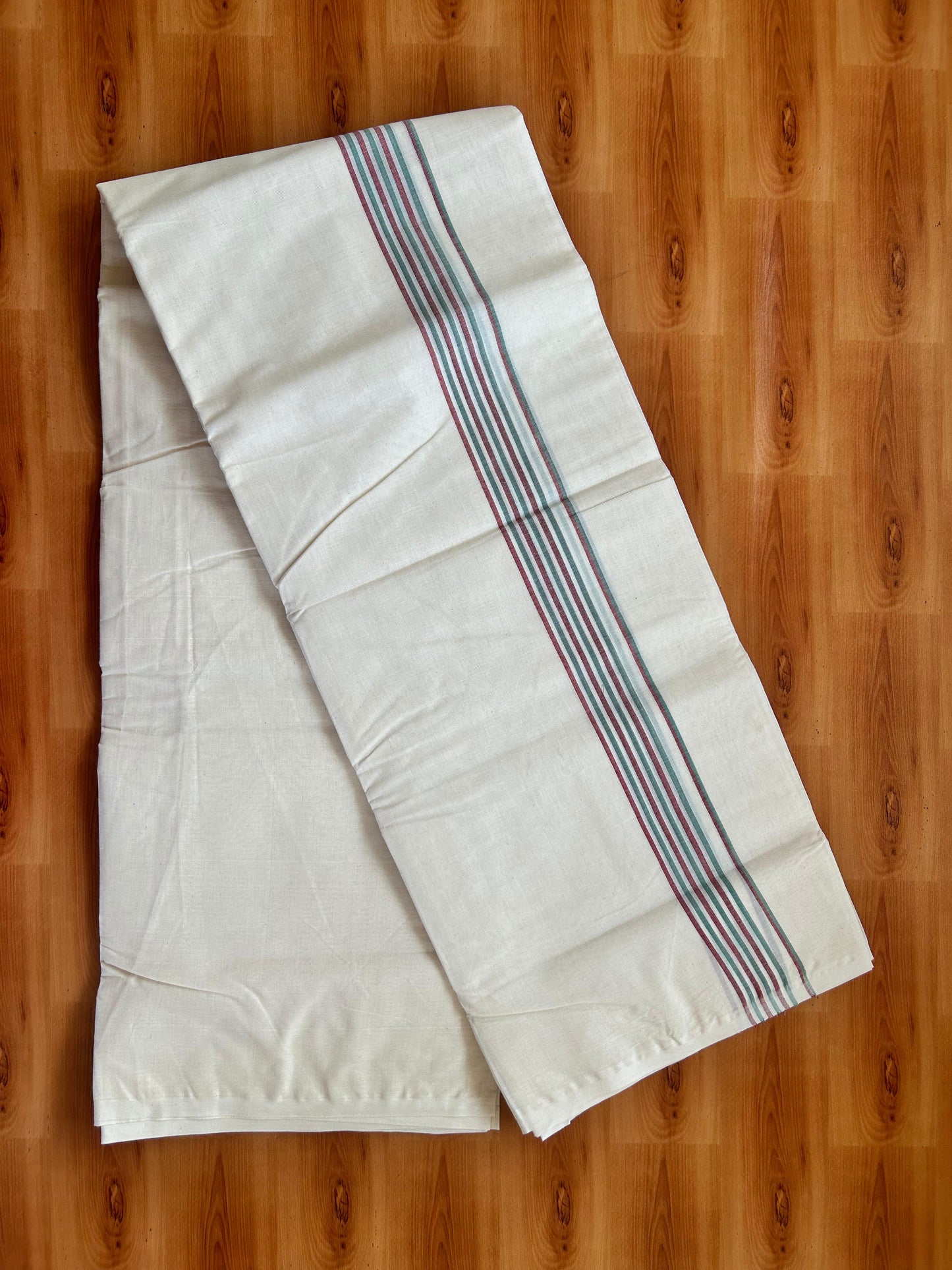 Double Off white Mundu/Dhoti - 20% Discount! KaithariKada - 100% Cotton 100x80 - 1.25 inch  Teal & Maroon Shaded Striped Kara 4 mtr (8.5 muzham) - 1 KK5477 ASH