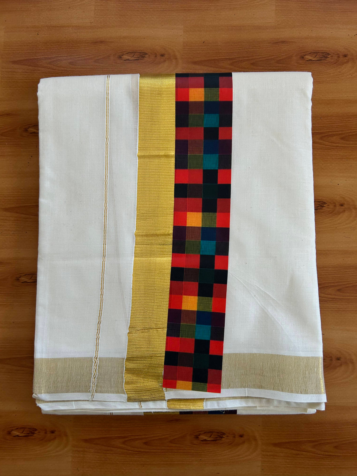Double Off White - (Unbleached) Mundu/Dhoti- 20% Discount!! KaithariKada Balaramapuram 100% Cotton 60s - 3.25 inch Gold Kasav & Madras Check Design Kara - 15 KK5543 GAN