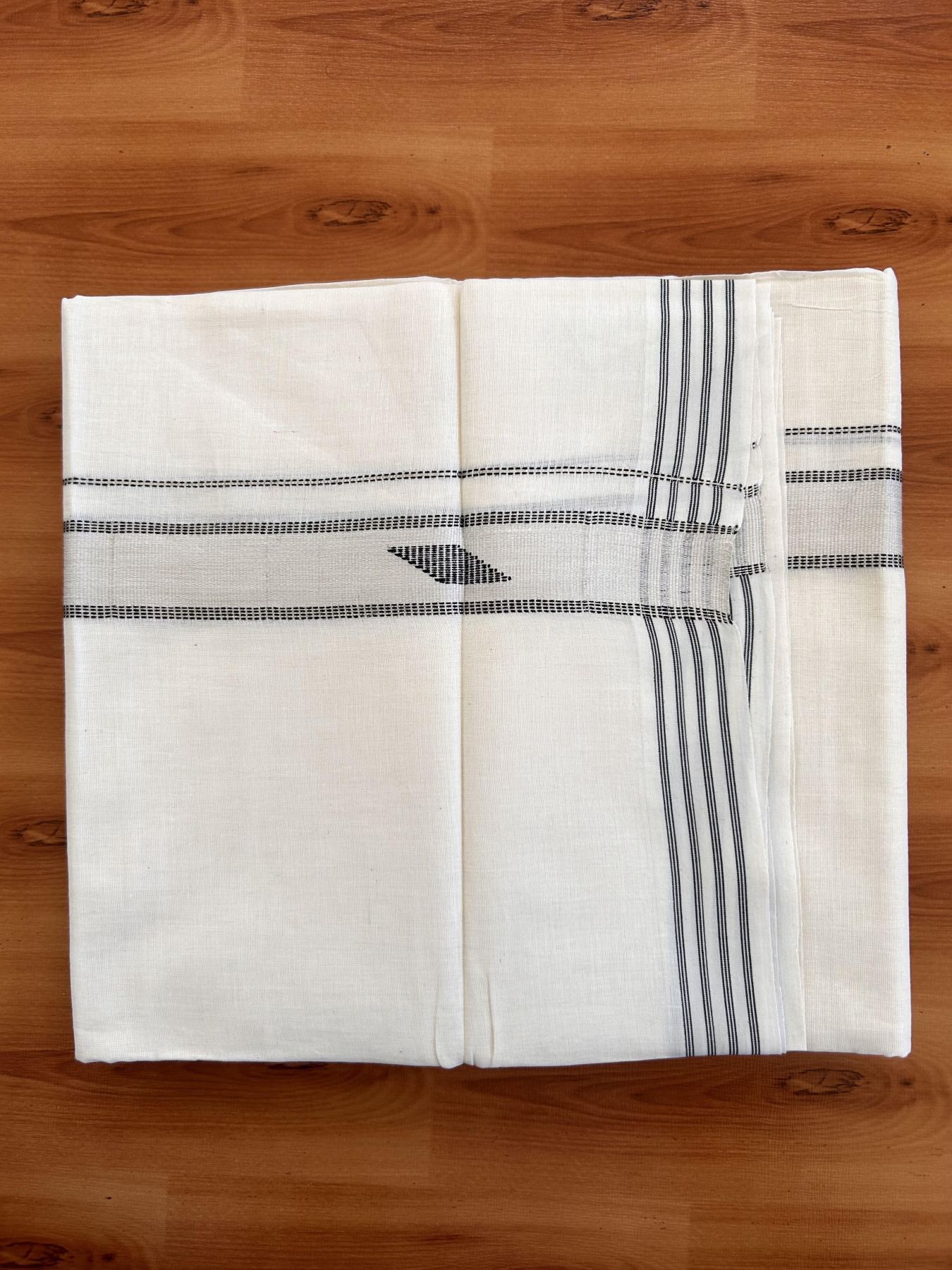 Double Off White  Mundu/Dhoti- 20% Discount! KaithariKada Balaramapuram Pure Cotton - 100x80 - 1.5 inch Silver Kasav & Black Design Striped Kara - 4mtr (8.5muzham) - 19 KK5428 VAS