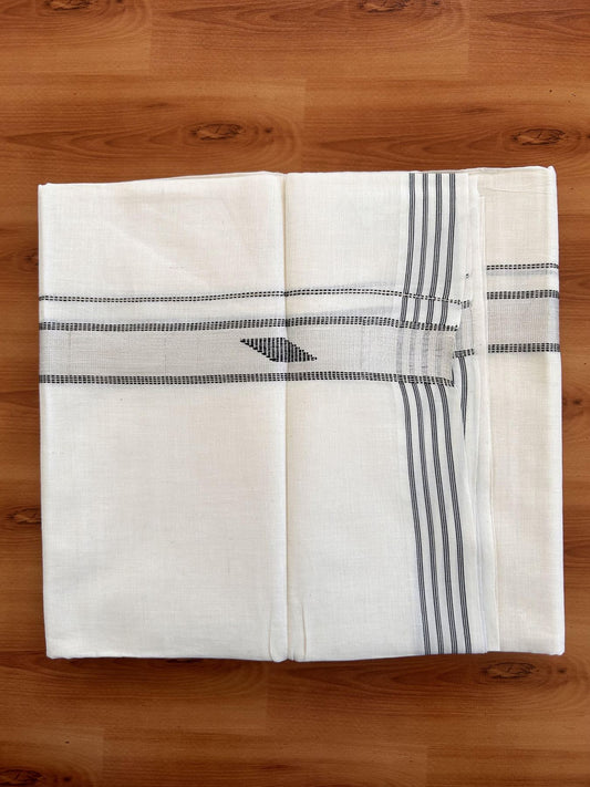 Double Off White  Mundu/Dhoti- 20% Discount! KaithariKada Balaramapuram Pure Cotton - 100x80 - 1.5 inch Silver Kasav & Black Design Striped Kara - 4mtr (8.5muzham) - 19 KK5428 VAS