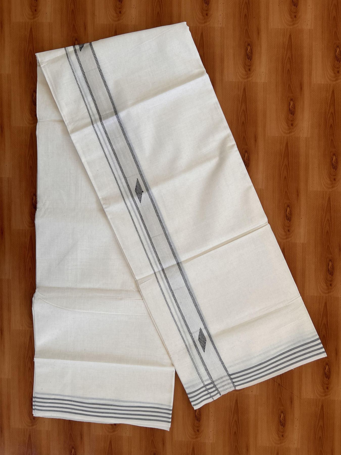 Double Off White  Mundu/Dhoti- 20% Discount! KaithariKada Balaramapuram Pure Cotton - 100x80 - 1.5 inch Silver Kasav & Black Design Striped Kara - 4mtr (8.5muzham) - 19 KK5428 VAS