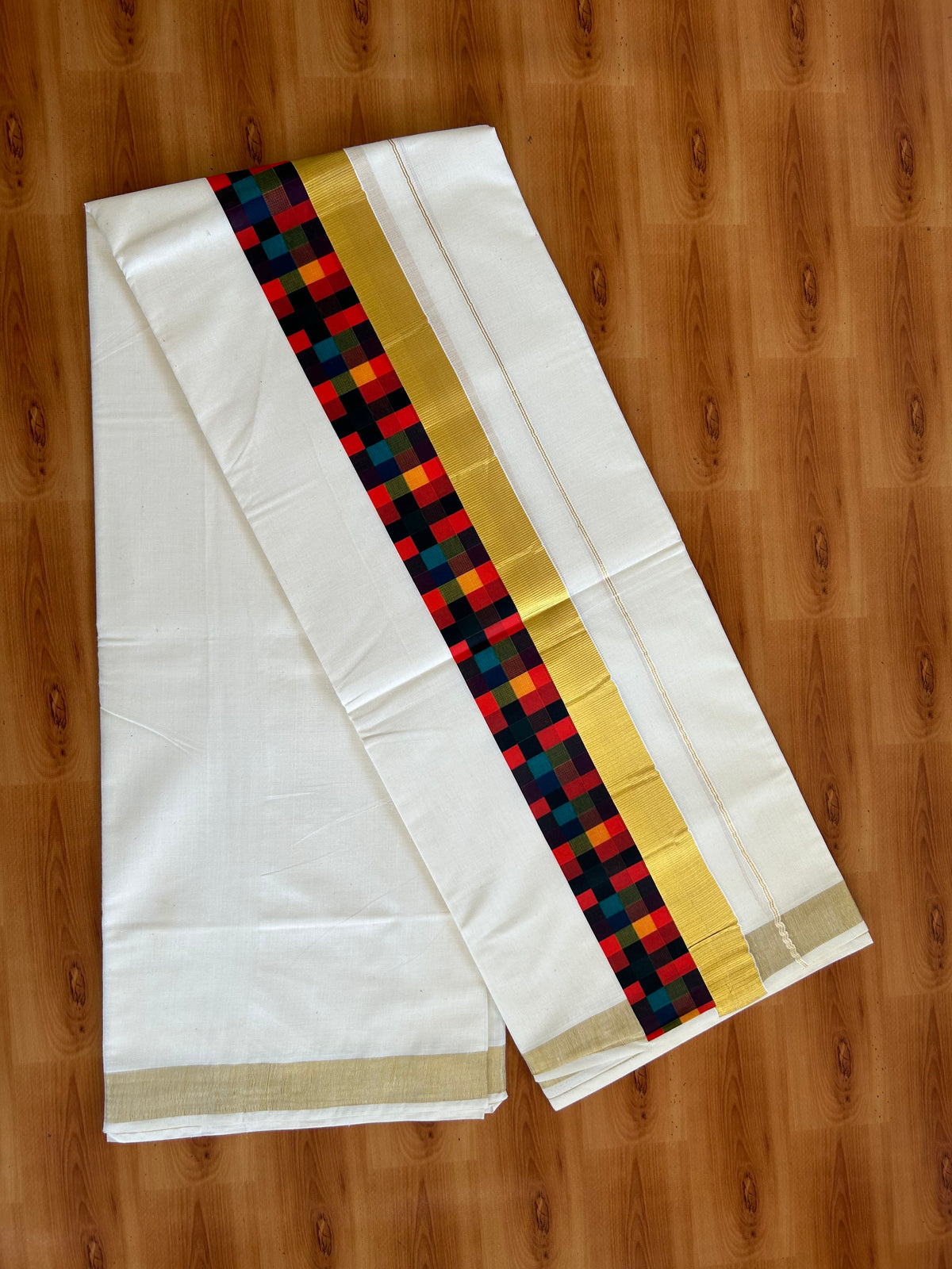 Double Off White - (Unbleached) Mundu/Dhoti- 20% Discount!! KaithariKada Balaramapuram 100% Cotton 60s - 3.25 inch Gold Kasav & Madras Check Design Kara - 15 KK5543 GAN