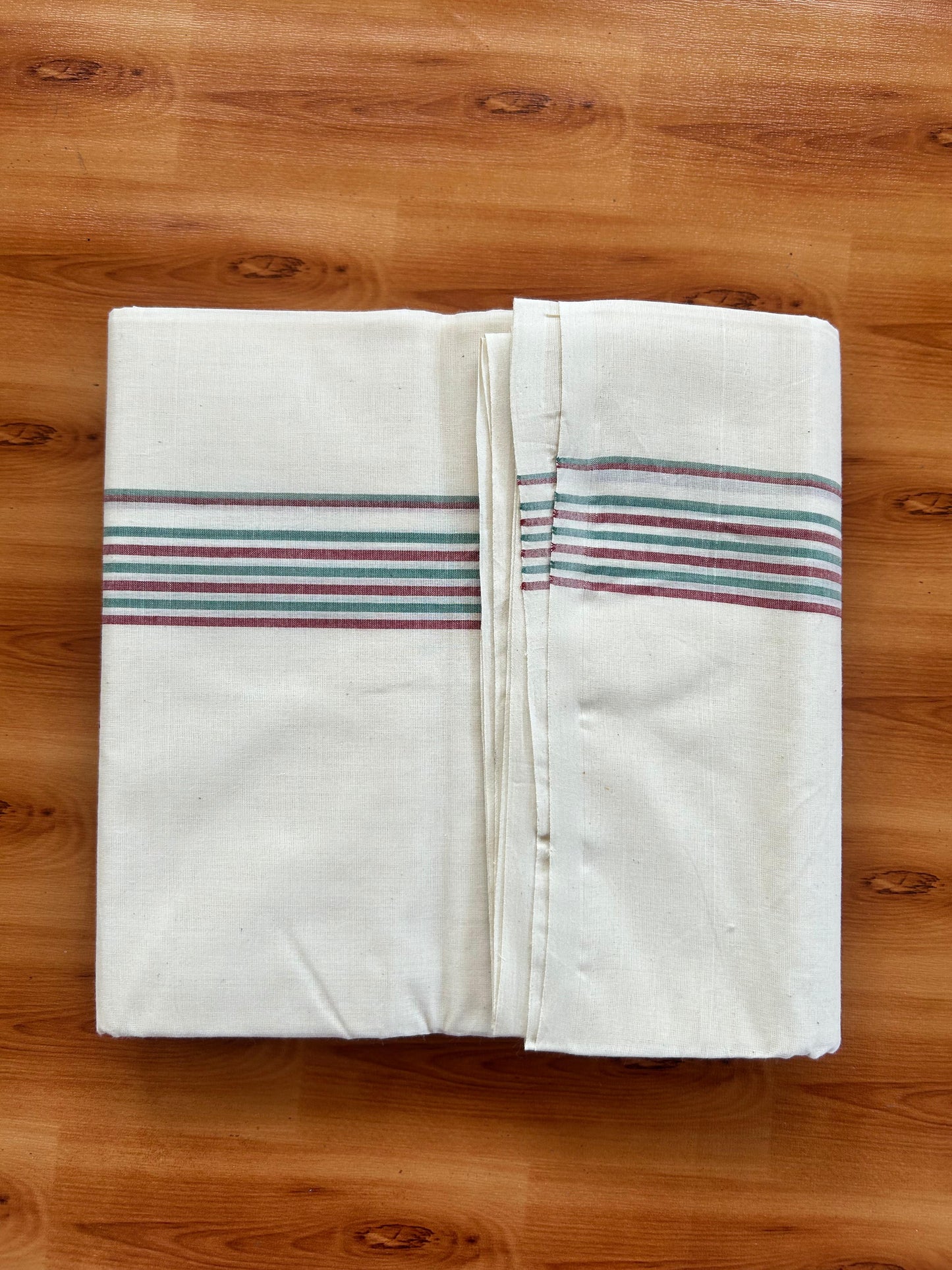 Double Off white Mundu/Dhoti - 20% Discount! KaithariKada - 100% Cotton 100x80 - 1.25 inch  Teal & Maroon Shaded Striped Kara 4 mtr (8.5 muzham) - 1 KK5477 ASH