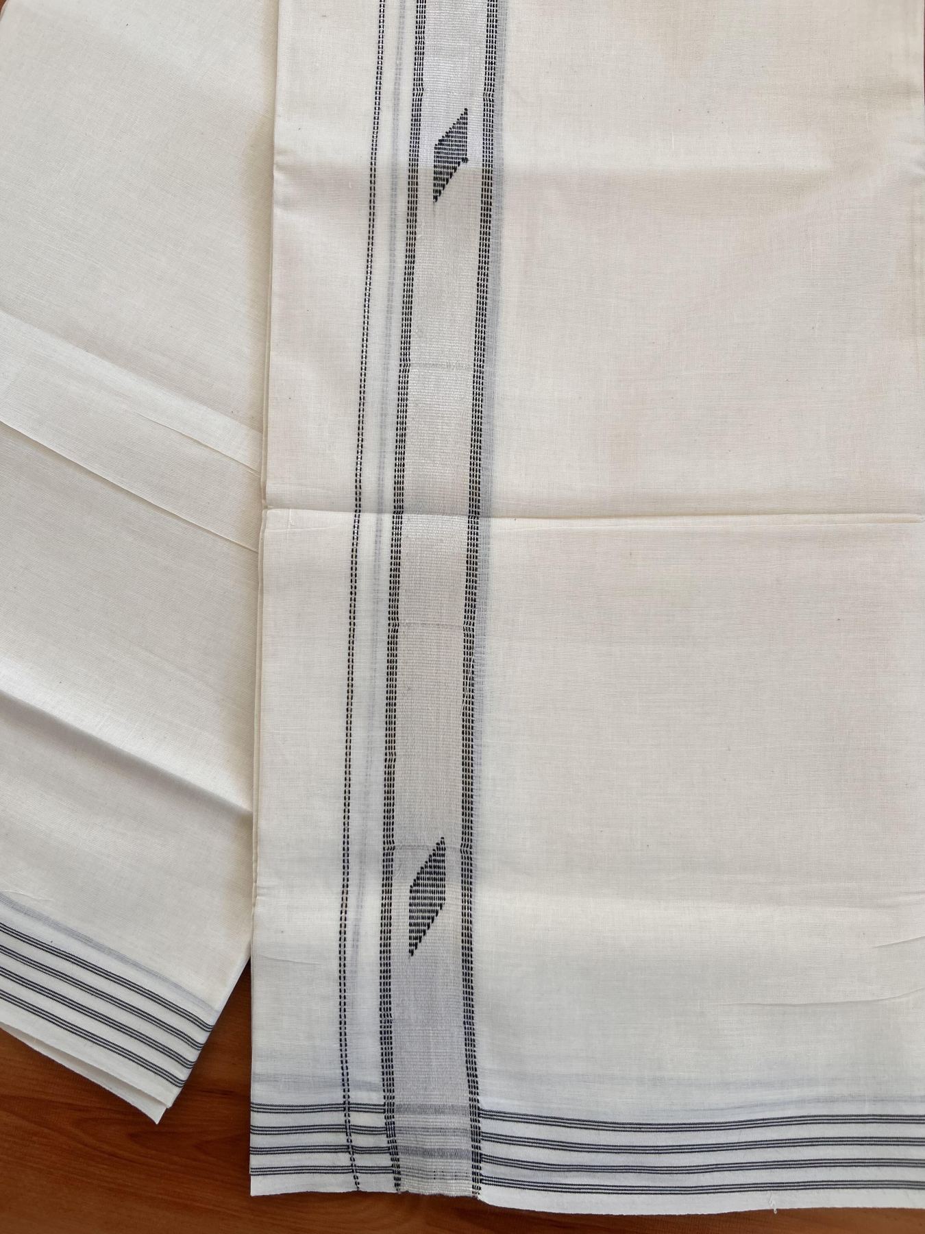 Double Off White  Mundu/Dhoti- 20% Discount! KaithariKada Balaramapuram Pure Cotton - 100x80 - 1.5 inch Silver Kasav & Black Design Striped Kara - 4mtr (8.5muzham) - 19 KK5428 VAS