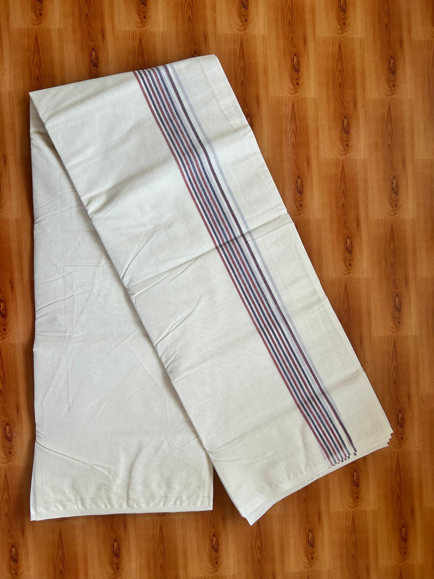 Double Off white Mundu/Dhoti - 20% Discount! KaithariKada - 100% Cotton 100x80 - 1.25 inch Maroon & Violet Shaded Striped Kara 4 mtr (8.5 muzham) - 2 KK5477 ASH