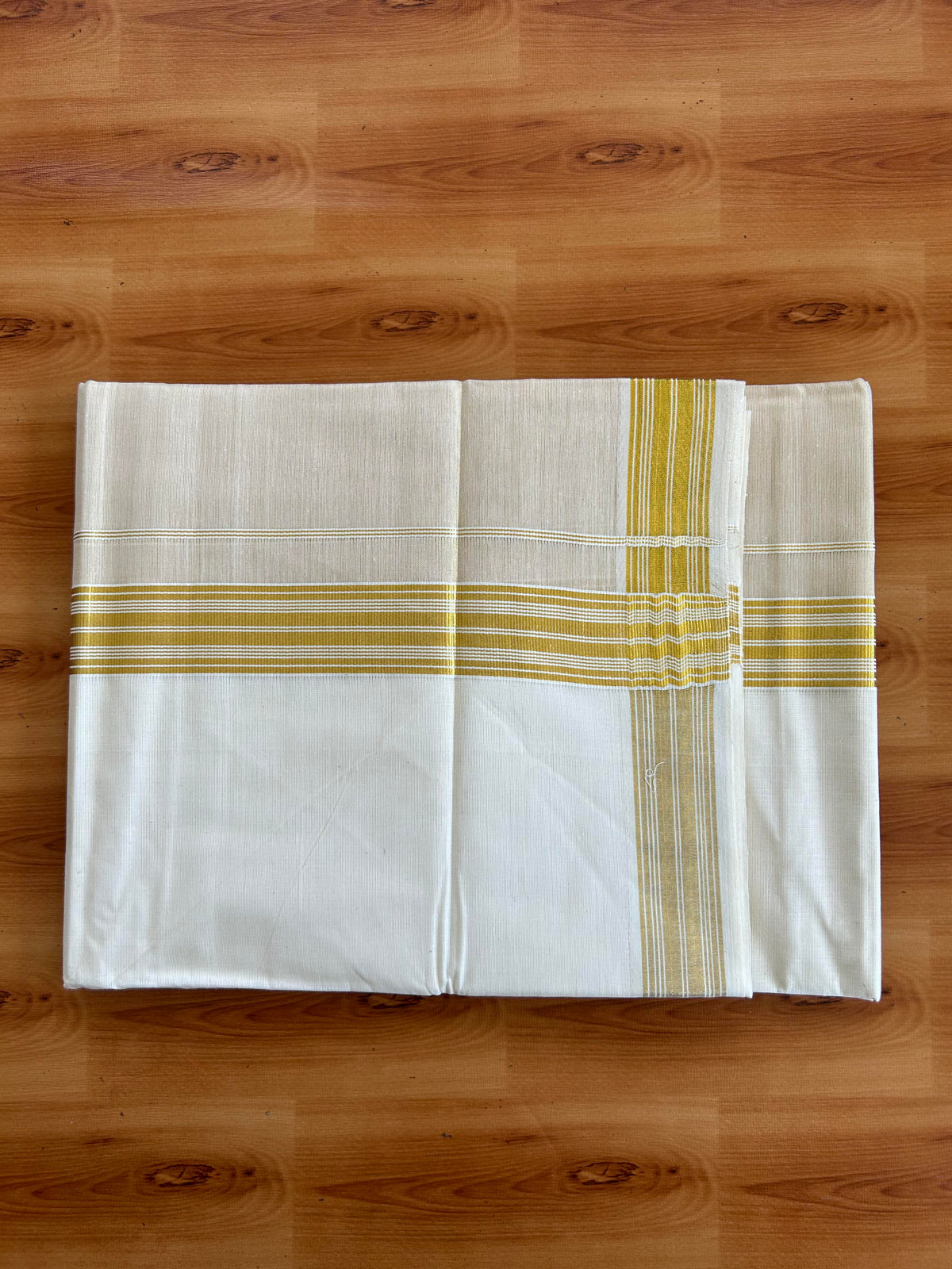 Double Off White Dhoti/Mund - 20% Discount! Kaitharikada Pulimood - Pure Cotton (60s) - 7.25 Inch Gold Kasav Tissue Striped Kara 4 mtr (8.5 muzham) - 13 KK5543 GAN