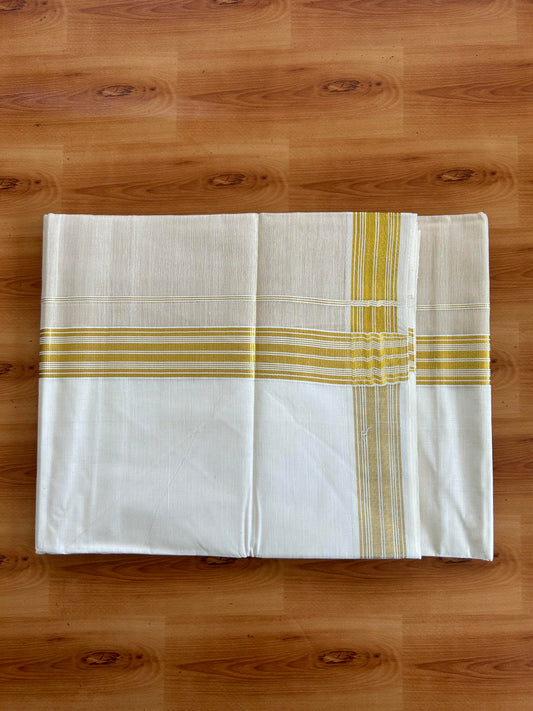 Double Off White Dhoti/Mund - 20% Discount! Kaitharikada Pulimood - Pure Cotton (60s) - 7.25 Inch Gold Kasav Tissue Striped Kara 4 mtr (8.5 muzham) - 13 KK5543 GAN