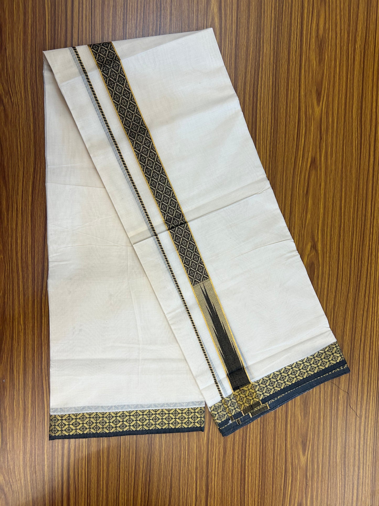 20% Discount ! KaithariKada Balaramapuram 100% Pure Cotton Double Off White (Unbleached) Mundu/Dhoti - 100x80 - 1.25 inch Puliyilakkara Gold Kasav & Black Jacquard Design Chutty kara (8.5 Muzham) - 14 KK5327 CJT