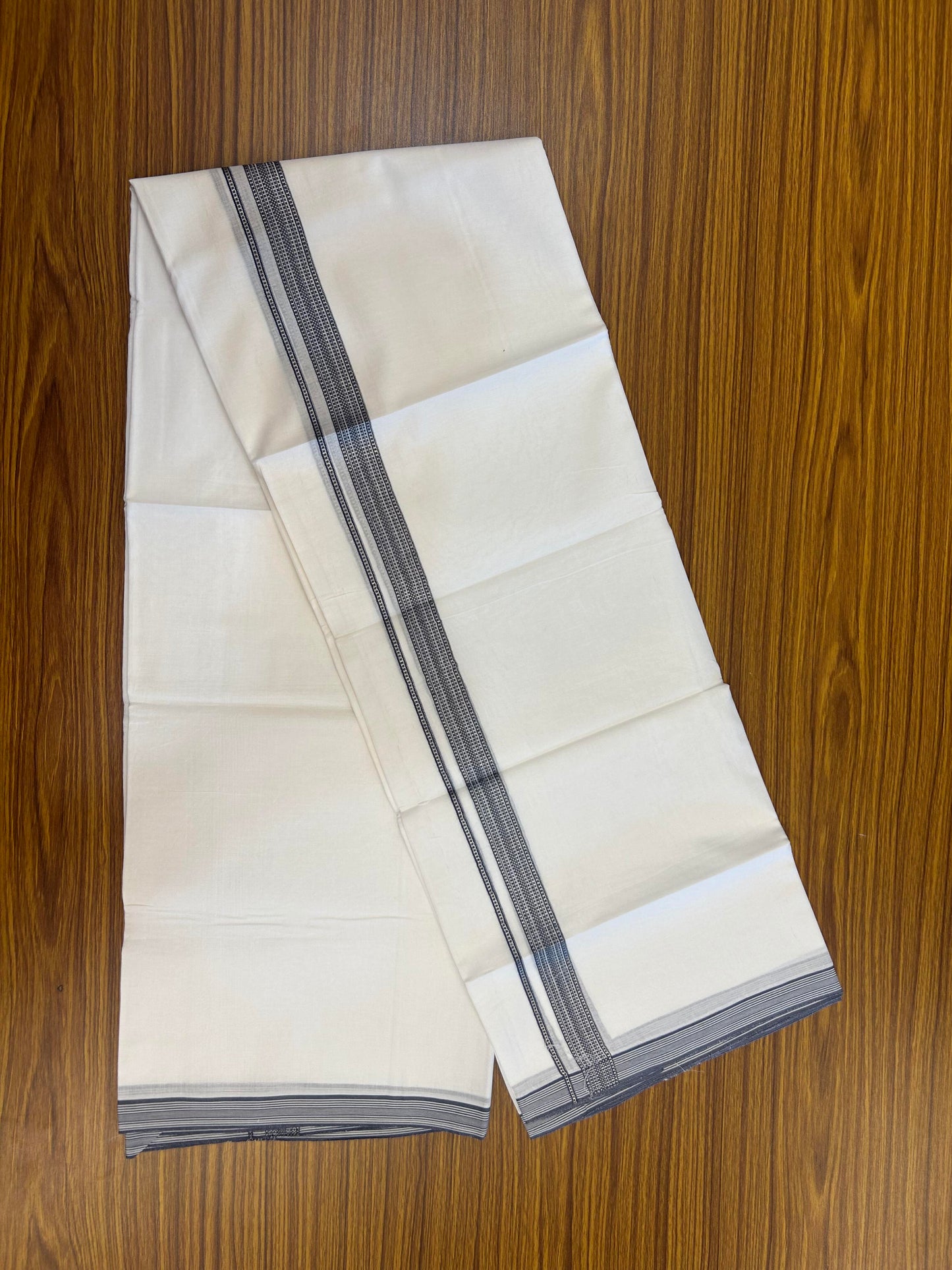 20% Discount! KaithariKada Balaramapuram 100% Cotton Double Pure white Mundu/Dhoti- 100X80 - 1 inch Ash Grey & Silver Kasav Stripes Kara - Between3.80-3.95m (8 muzham) - 30 KK5355 CKS
