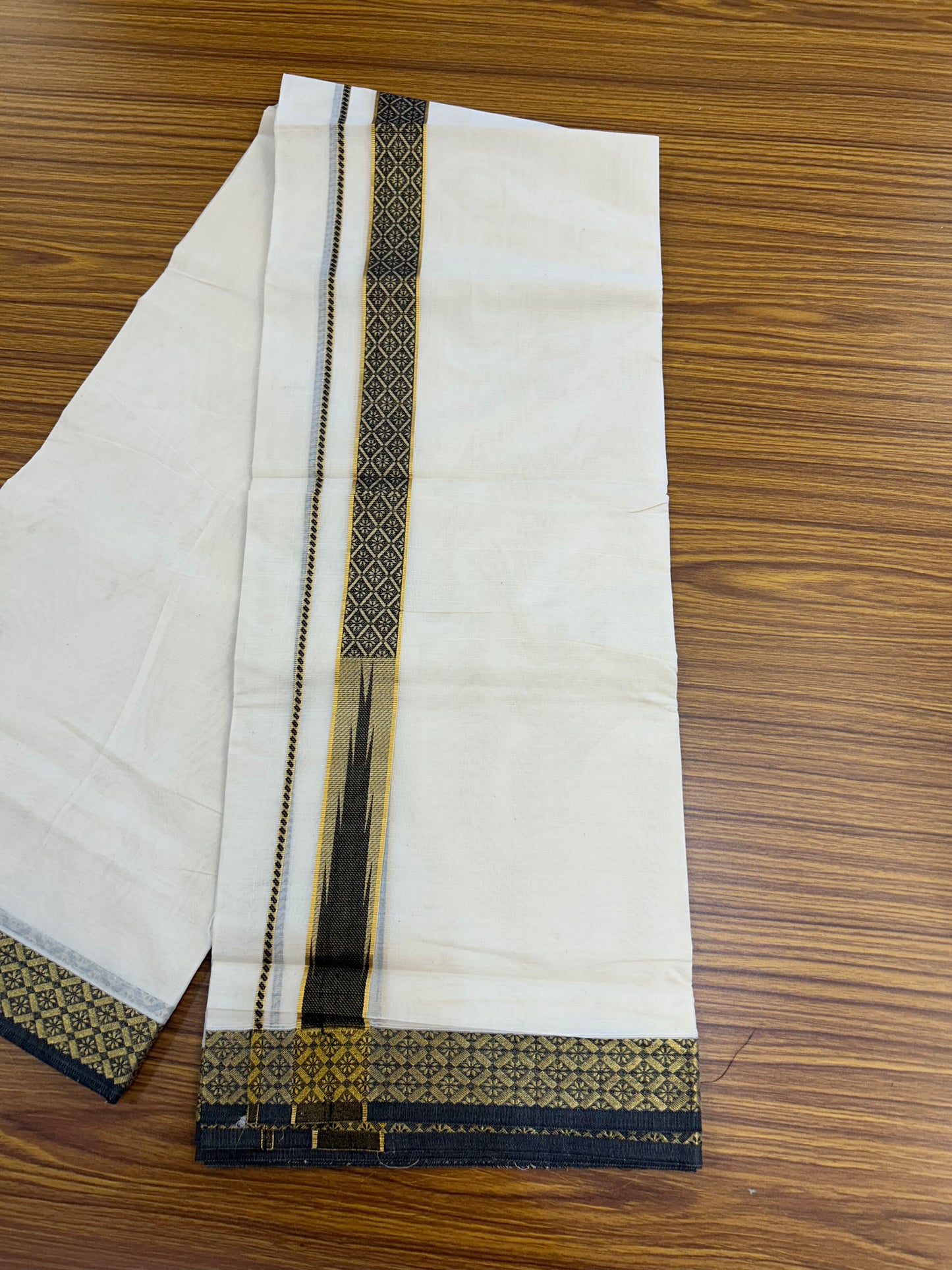 20% Discount ! KaithariKada Balaramapuram 100% Pure Cotton Double Off White (Unbleached) Mundu/Dhoti - 100x80 - 1.25 inch Puliyilakkara Gold Kasav & Black Jacquard Design Chutty kara (8.5 Muzham) - 14 KK5327 CJT