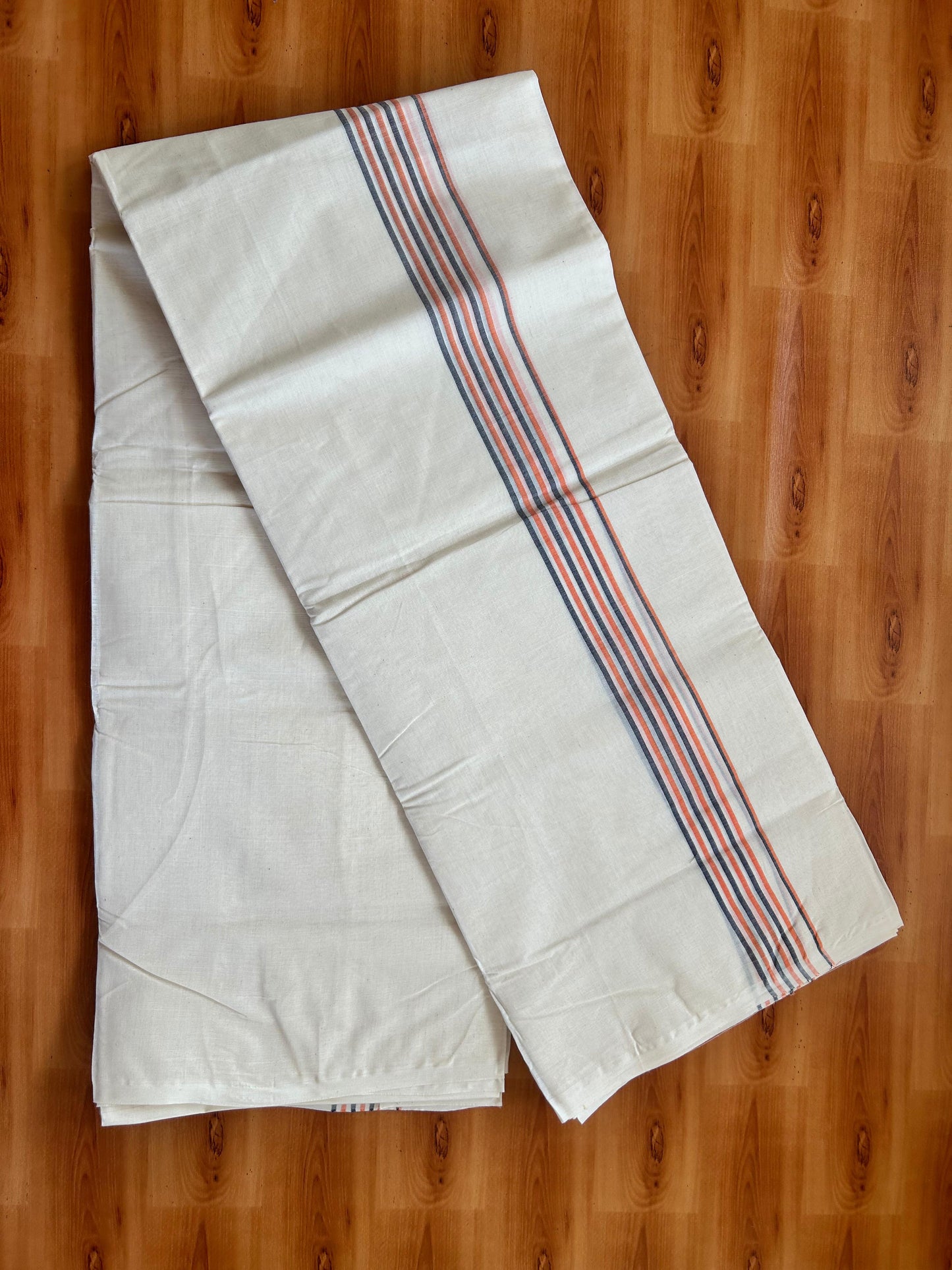 Double Off white Mundu/Dhoti - 20% Discount! KaithariKada - 100% Cotton 100x80 - 1.25 inch Orange & Blue Shaded Striped Kara 4 mtr (8.5 muzham) - 3 KK5477 ASH