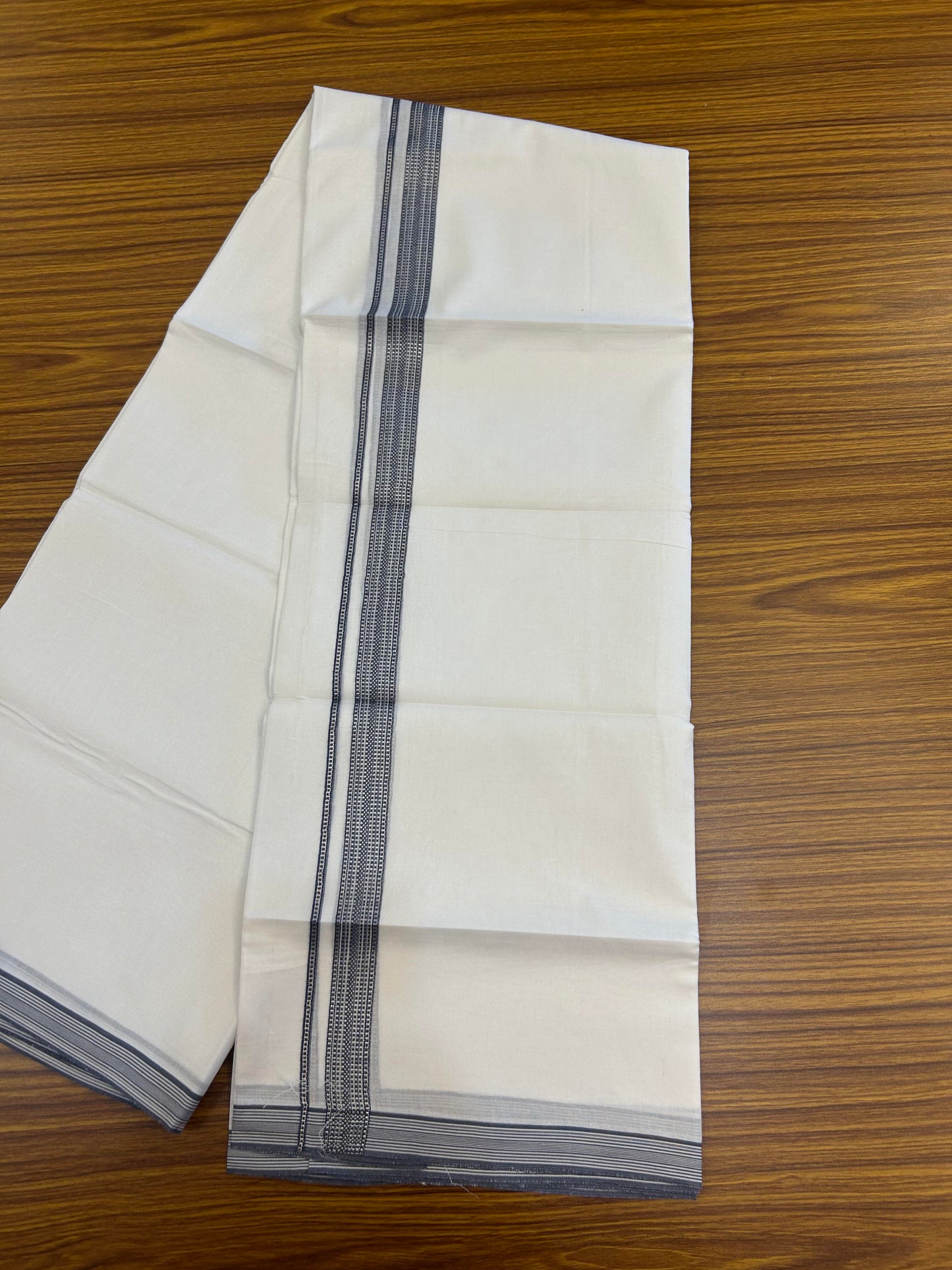 20% Discount! KaithariKada Balaramapuram 100% Cotton Double Pure white Mundu/Dhoti- 100X80 - 1 inch Ash Grey & Silver Kasav Stripes Kara - Between3.80-3.95m (8 muzham) - 30 KK5355 CKS
