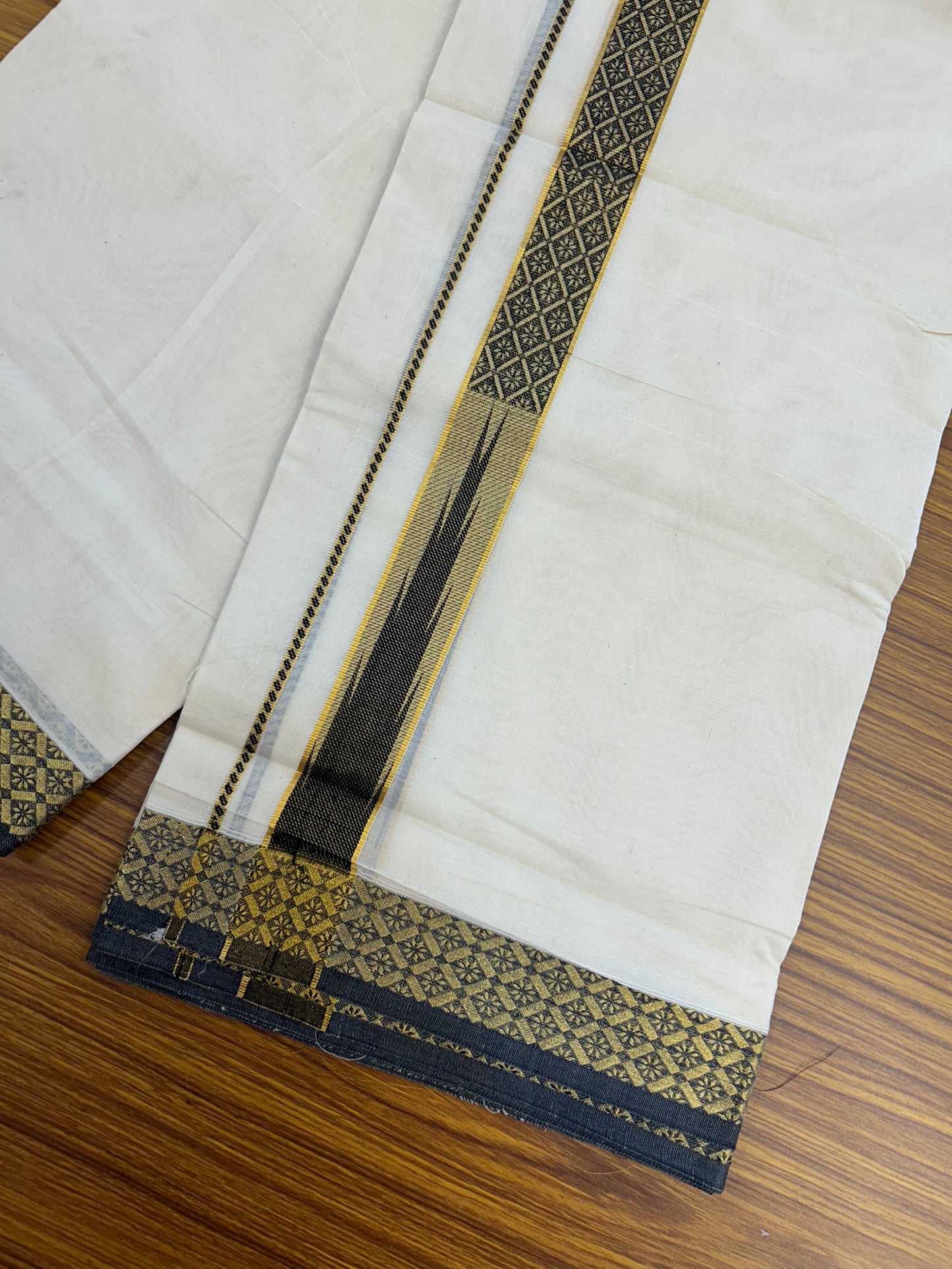 20% Discount ! KaithariKada Balaramapuram 100% Pure Cotton Double Off White (Unbleached) Mundu/Dhoti - 100x80 - 1.25 inch Puliyilakkara Gold Kasav & Black Jacquard Design Chutty kara (8.5 Muzham) - 14 KK5327 CJT