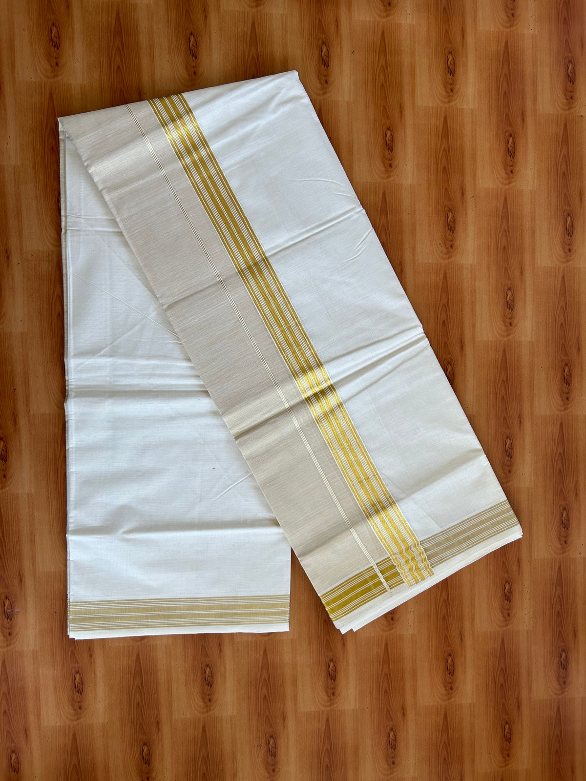 Double Off White Dhoti/Mund - 20% Discount! Kaitharikada Pulimood - Pure Cotton (60s) - 7.25 Inch Gold Kasav Tissue Striped Kara 4 mtr (8.5 muzham) - 13 KK5543 GAN