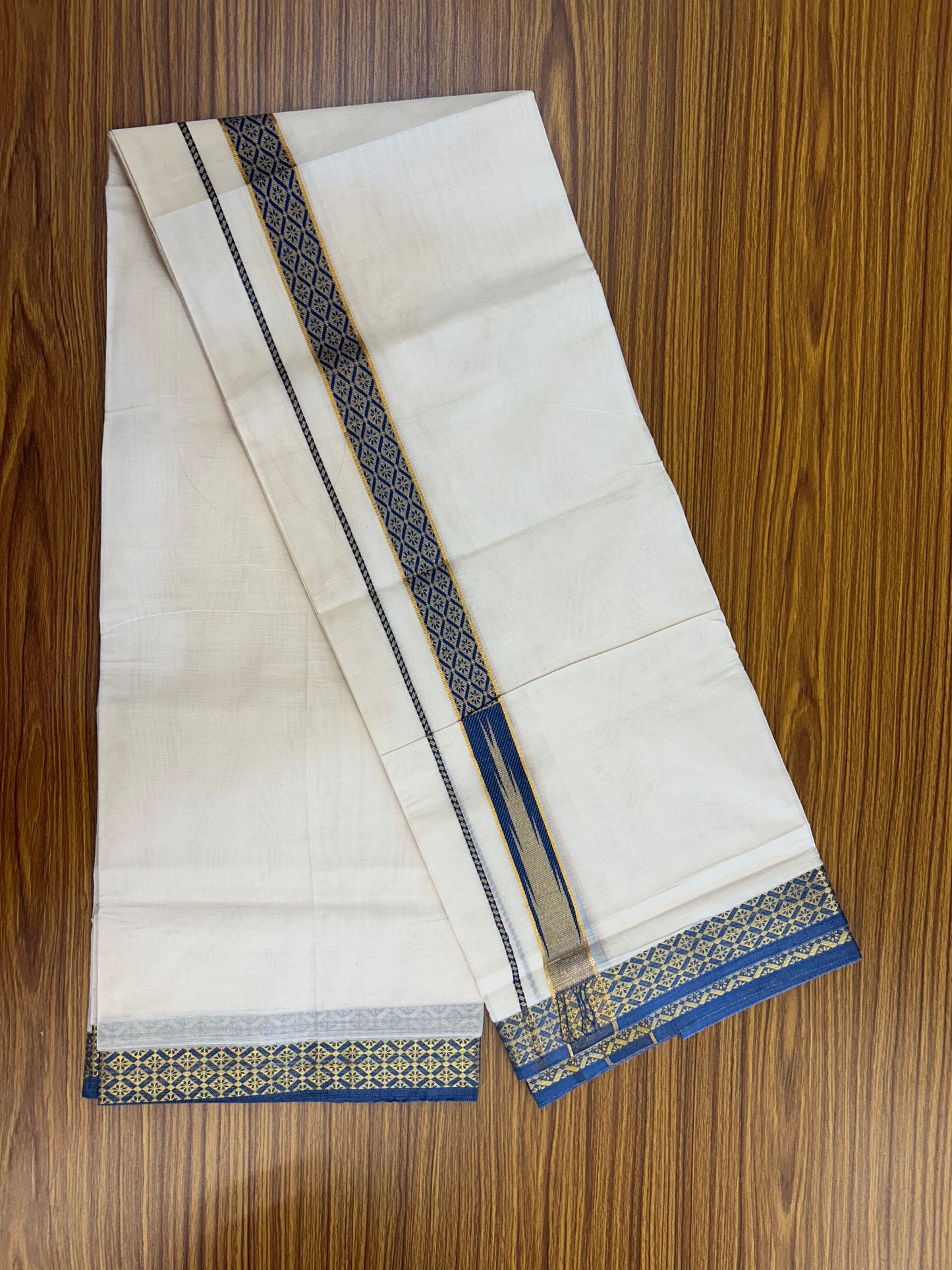 20% Discount ! KaithariKada Balaramapuram 100% Pure Cotton Double Off White (Unbleached) Mundu/Dhoti - 100x80 - 1.25 inch Puliyilakkara Gold Kasav & Blue Jacquard Design Chutty kara (8.5 Muzham) - 13 KK5327 CJT