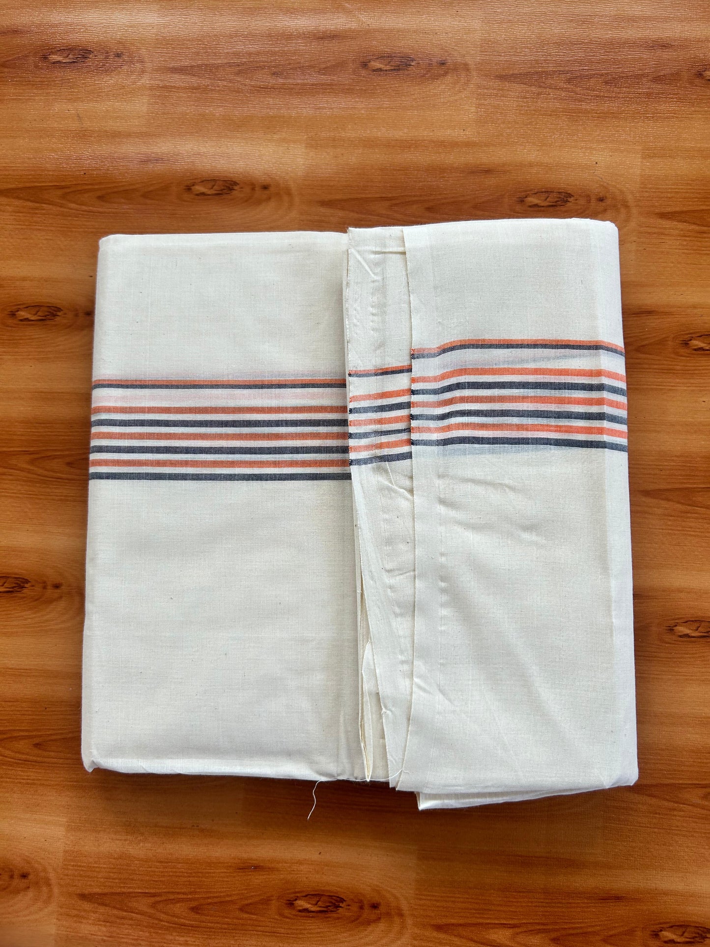 Double Off white Mundu/Dhoti - 20% Discount! KaithariKada - 100% Cotton 100x80 - 1.25 inch Orange & Blue Shaded Striped Kara 4 mtr (8.5 muzham) - 3 KK5477 ASH