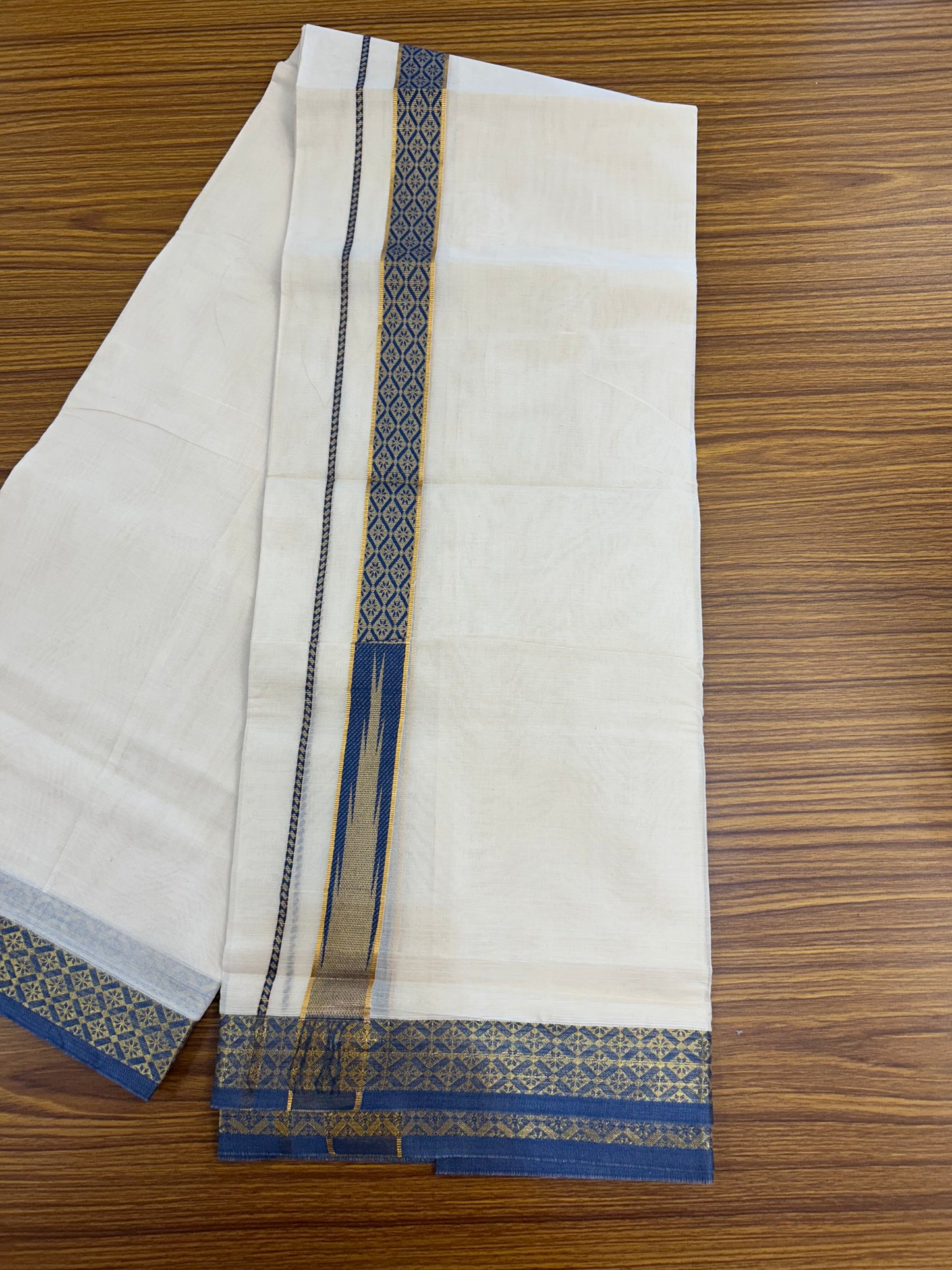 20% Discount ! KaithariKada Balaramapuram 100% Pure Cotton Double Off White (Unbleached) Mundu/Dhoti - 100x80 - 1.25 inch Puliyilakkara Gold Kasav & Blue Jacquard Design Chutty kara (8.5 Muzham) - 13 KK5327 CJT