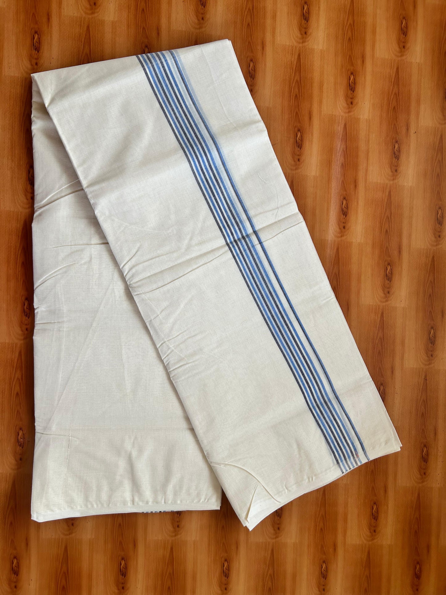 Double Off white Mundu/Dhoti - 20% Discount! KaithariKada - 100% Cotton 100x80 - 1.25 inch Navy Blue & Blue Shaded Striped Kara 4 mtr (8.5 muzham) - 4 KK5477 ASH