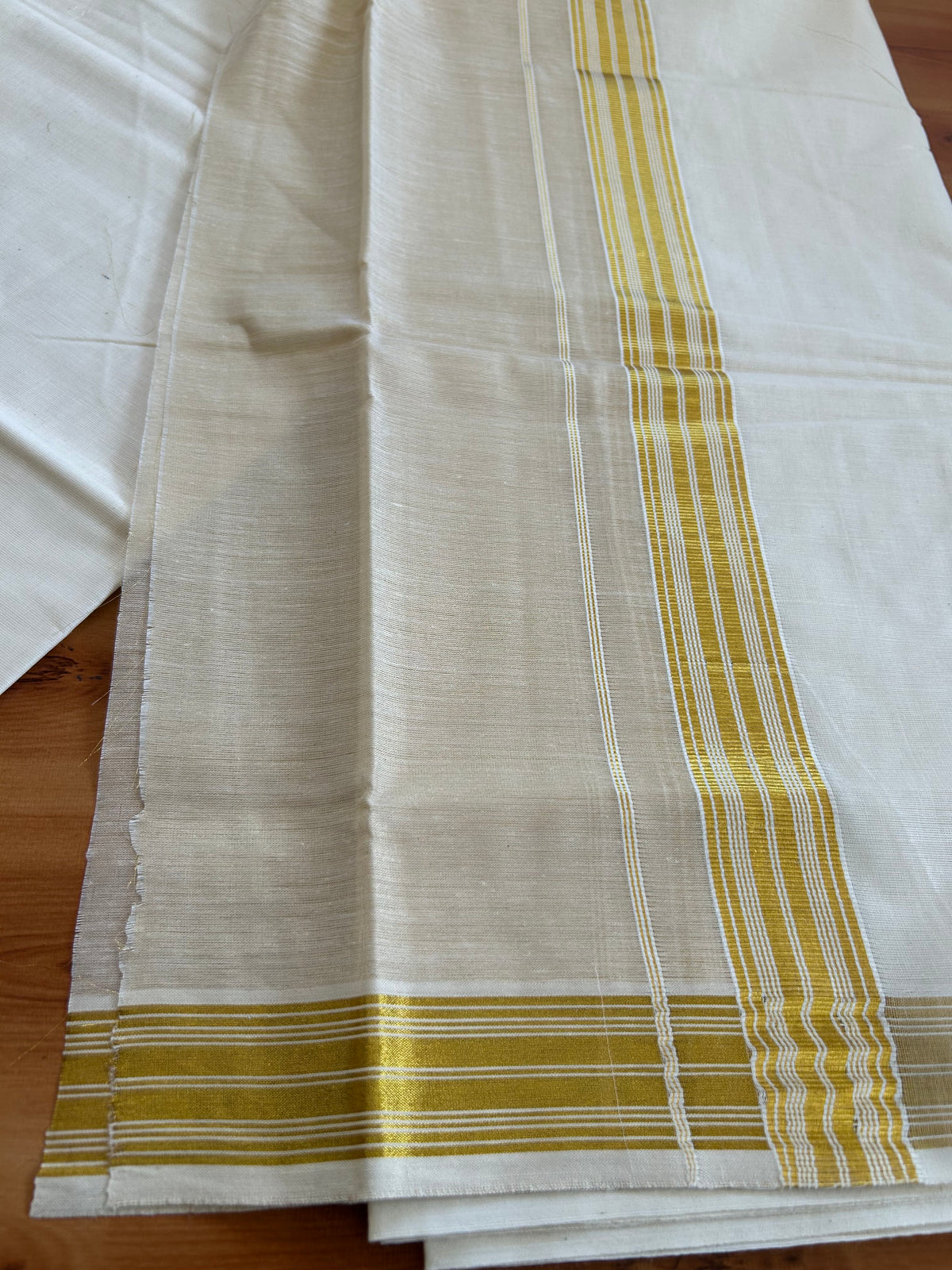 Double Off White Dhoti/Mund - 20% Discount! Kaitharikada Pulimood - Pure Cotton (60s) - 7.25 Inch Gold Kasav Tissue Striped Kara 4 mtr (8.5 muzham) - 13 KK5543 GAN