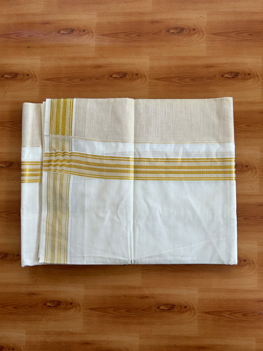 Double Off White Dhoti/Mund - 20% Discount! Kaitharikada Pulimood - Pure Cotton (60s) - 7.25 Inch Gold Kasav Tissue Striped Kara 4 mtr (8.5 muzham) - 12 KK5543 GAN