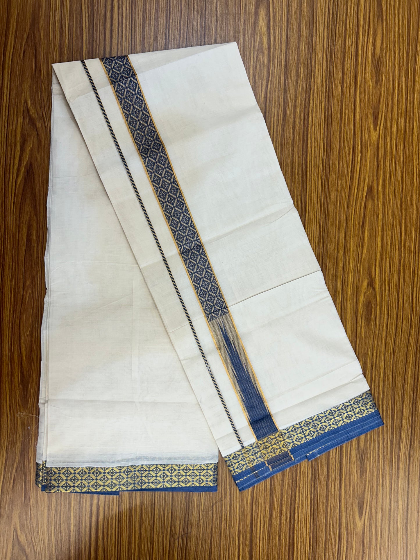20% Discount ! KaithariKada Balaramapuram 100% Pure Cotton Double Off White (Unbleached) Mundu/Dhoti - 100x80 - 1.25 inch Puliyilakkara Gold Kasav & Blue Jacquard Design Chutty kara (8.5 Muzham) - 11 KK5327 CJT