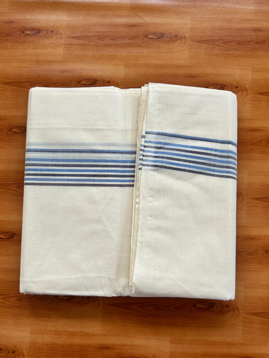 Double Off white Mundu/Dhoti - 20% Discount! KaithariKada - 100% Cotton 100x80 - 1.25 inch Navy Blue & Blue Shaded Striped Kara 4 mtr (8.5 muzham) - 4 KK5477 ASH