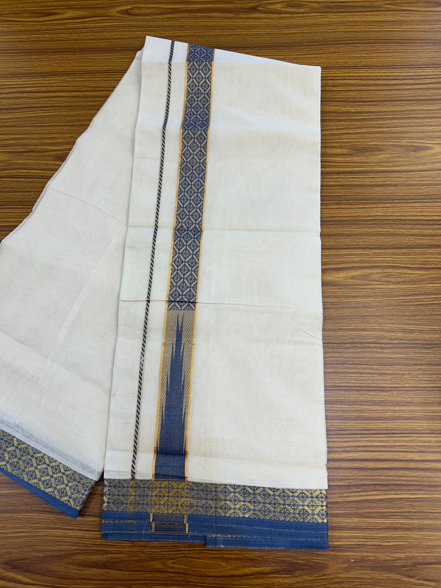 20% Discount ! KaithariKada Balaramapuram 100% Pure Cotton Double Off White (Unbleached) Mundu/Dhoti - 100x80 - 1.25 inch Puliyilakkara Gold Kasav & Blue Jacquard Design Chutty kara (8.5 Muzham) - 11 KK5327 CJT